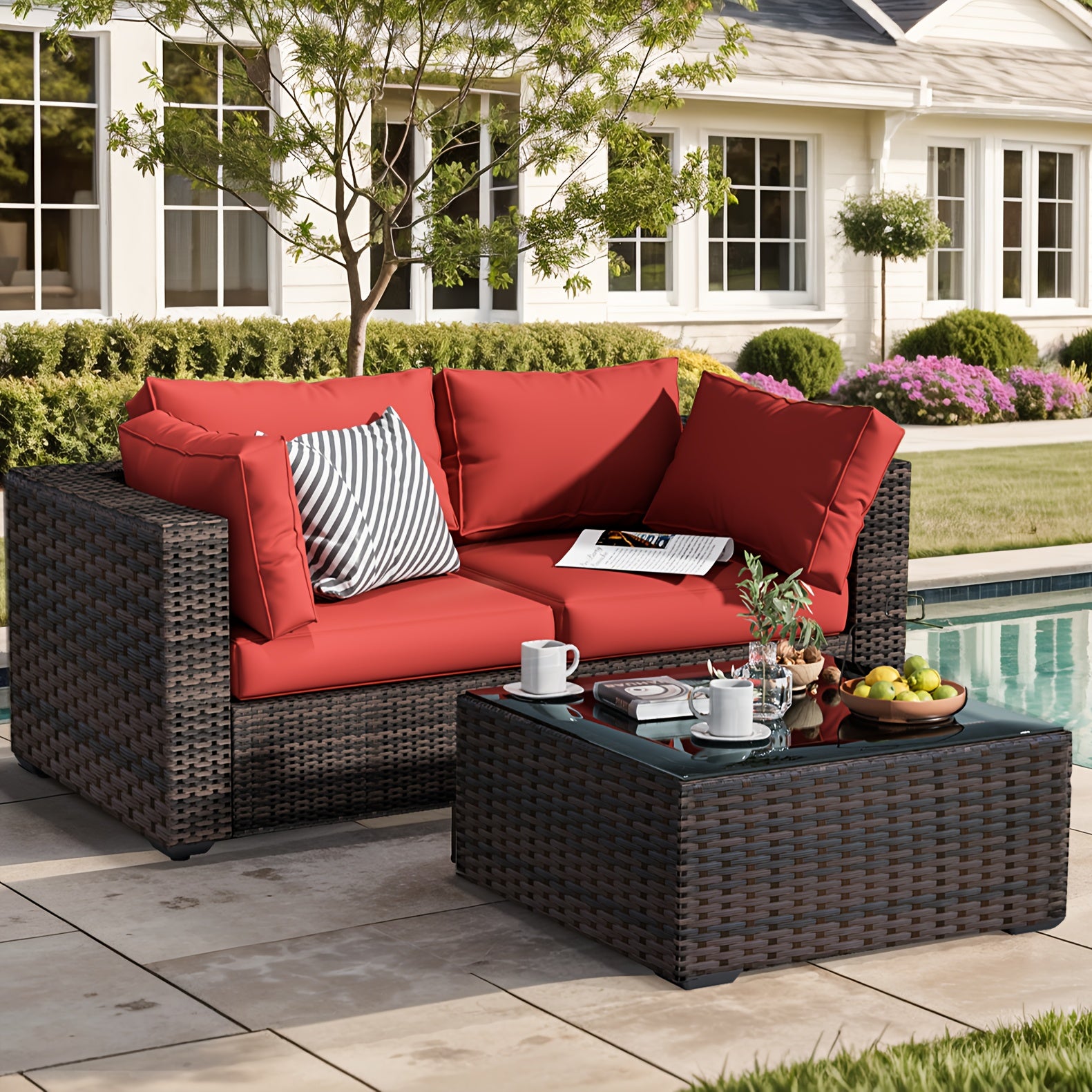 3 Pieces Patio Furniture Set, PE Rattan Wicker 3 Pcs Outdoor Sofa Set W/Washable Cushion And Tempered Glass Coffee Table, Conversation Furniture For Garden Poolside Balcony