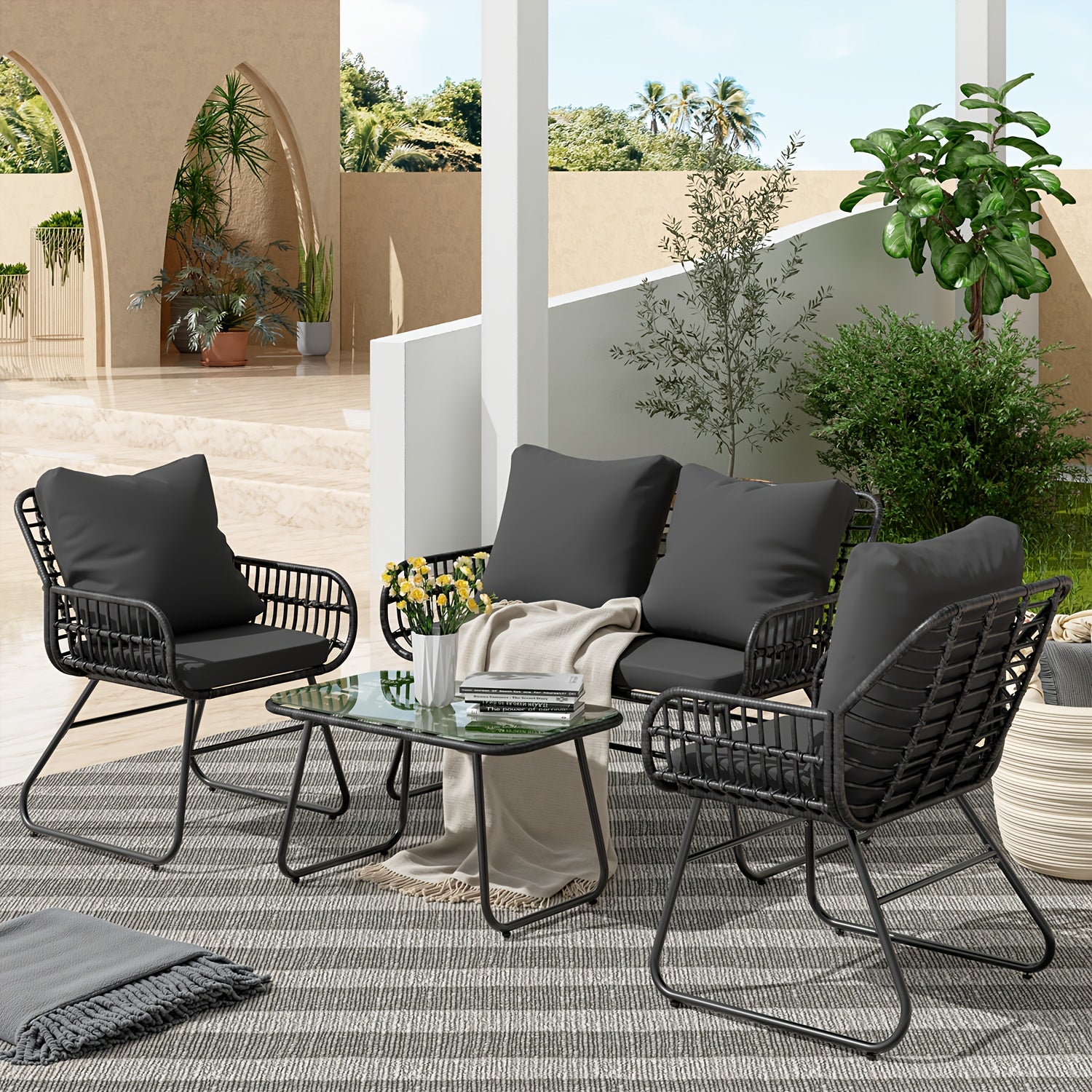 4-Piece Rattan Patio Furniture Set - All-Weather Bistro Conversation Loveseat, Chairs, And Table Set For Outdoor Living Spaces - With Cushions And Metal Table - For Garden Houses & Patios - Perfect for Relaxing & Entertaining