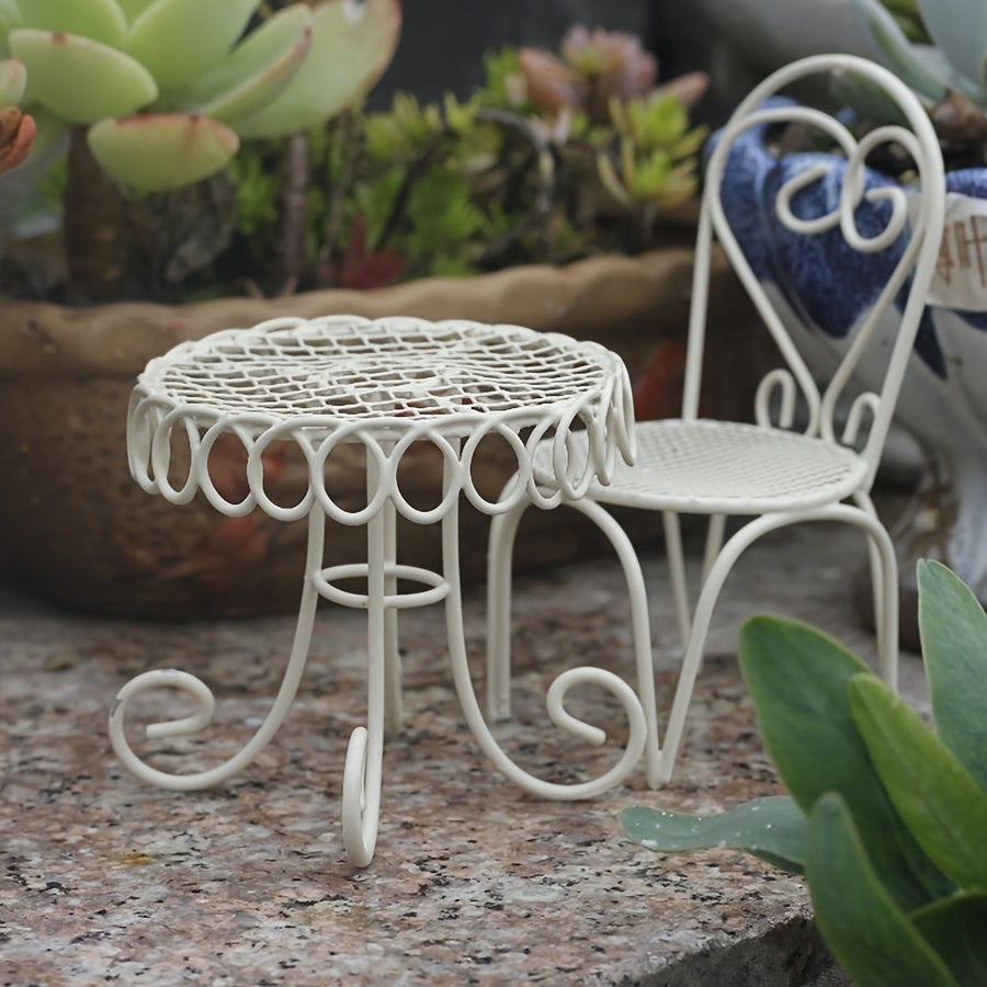 Charming Mini Iron Garden Set - Rustic Table & Chair with Succulent Planter, Perfect for Outdoor Decor and Thanksgiving Outdoor Patio Furniture Outdoor Garden Decor