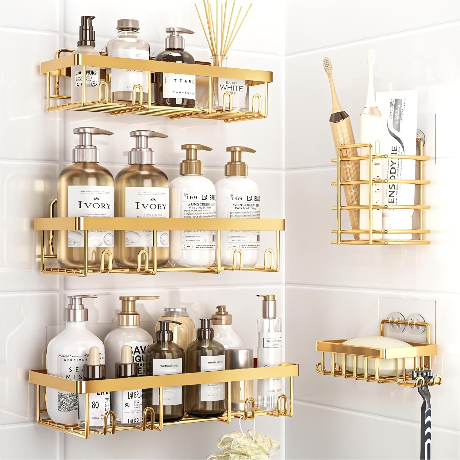 5 Pack Shower Caddy, Large Capacity Wall-Mounted Bathroom Shelf with Rustproof 304 Stainless Steel Shower Organizer Rack, No Drill Installation Suitable for Shower, Bathtub, for inside Shower Storage, Shower Caddies