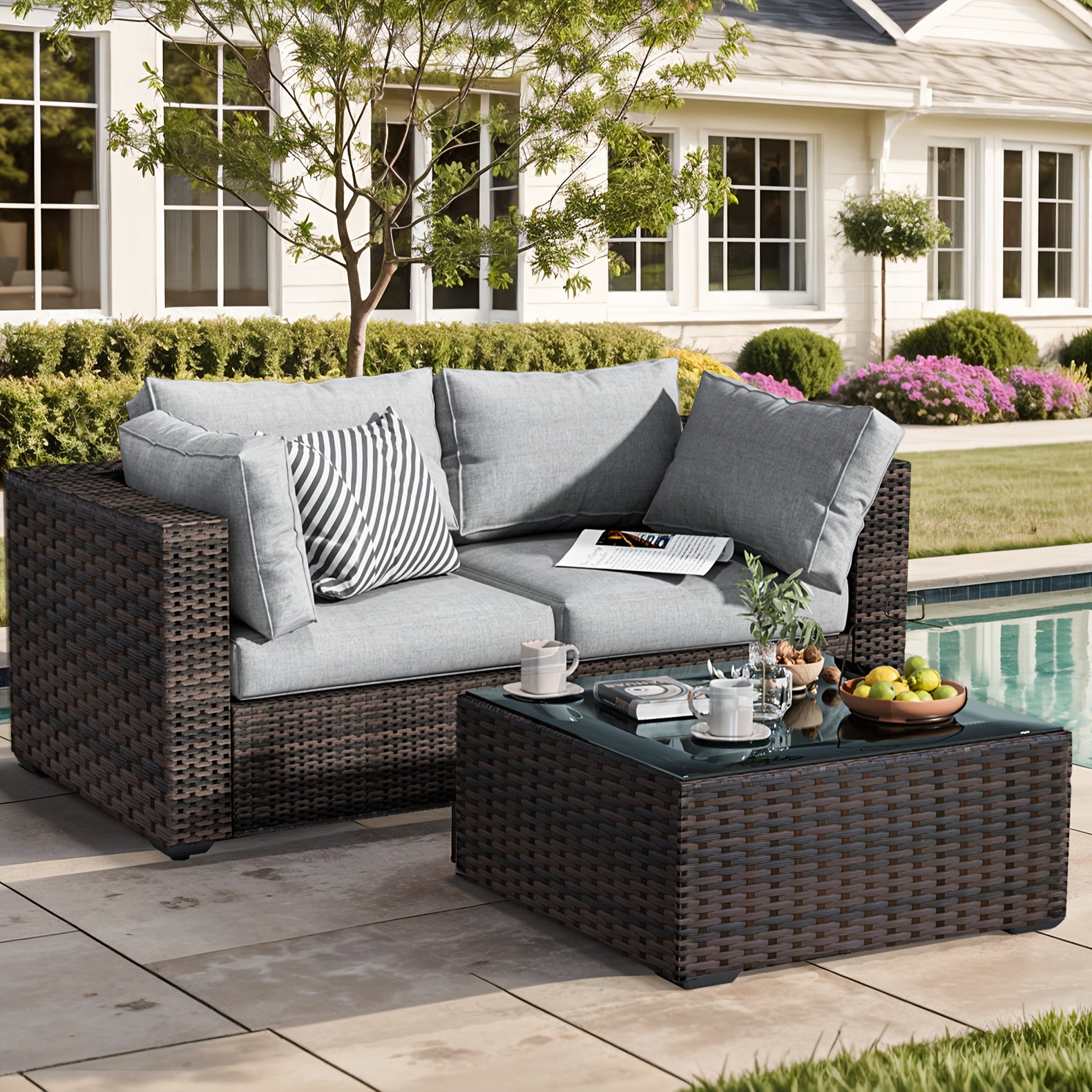 3 Pieces Patio Furniture Set, PE Rattan Wicker 3 Pcs Outdoor Sofa Set W/Washable Cushion And Tempered Glass Coffee Table, Conversation Furniture For Garden Poolside Balcony