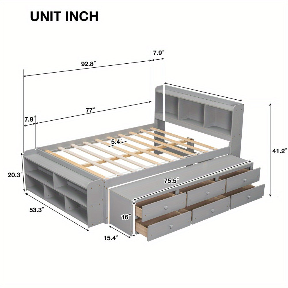 Full Size Bed Frame with Bookcase Headboard, 6-Drawer Storage & Foot Cabinet - Space-Saving Platform Bed, Heavy-Duty Metal Construction, Modern Minimalist Bedroom Furniture for Small Spaces - Easy Assembly Required, Decorativ
