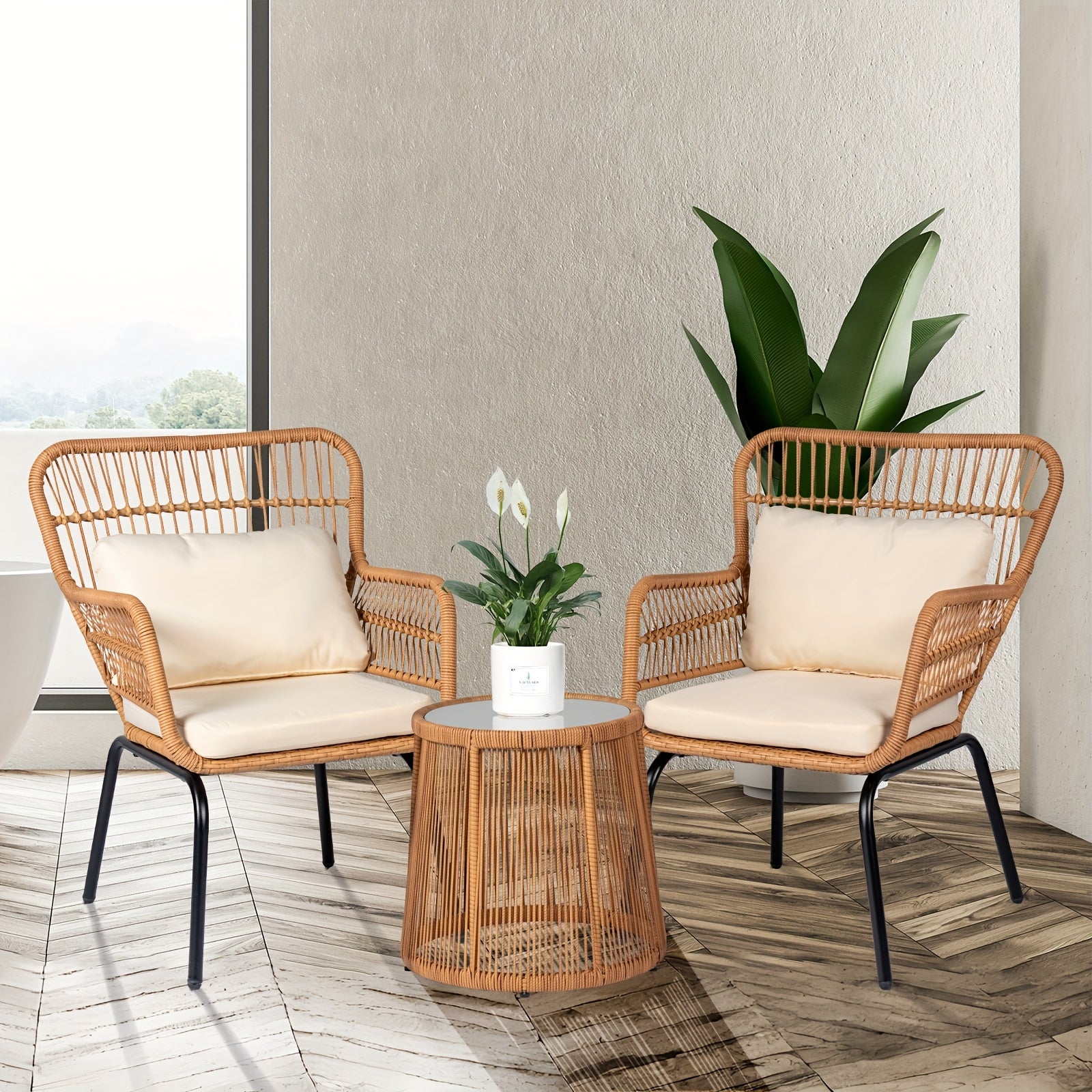 3pcs Outdoor Wicker Bistro Furniture Set with Beige Cushioned Seats & Coffee Table - All-Weather Metal Frame & Plastic Top, Curved Armrests & Sturdy Base for Patio, Balcony, Garden, Front Porch - Comfortable Rattan Sofa Set i