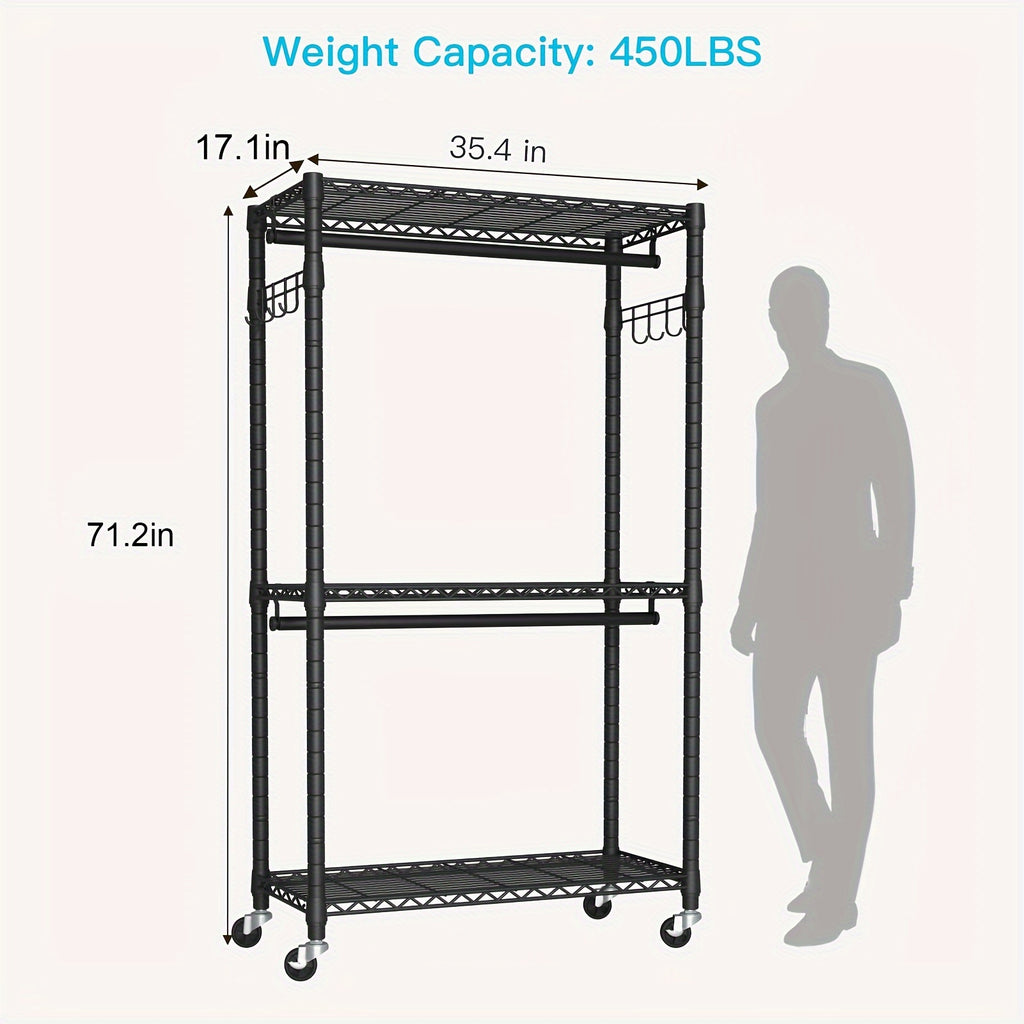 Clothes Rack Heavy Duty Metal Garment Rack With Shelves, Wardrobe Clothes Organizer, Hanging Closet Organizer For Storage, Free Standing Closet Shelves And Coat Rack, Clothes Drying Rack With Rolling Wheels, Kids Hangers And