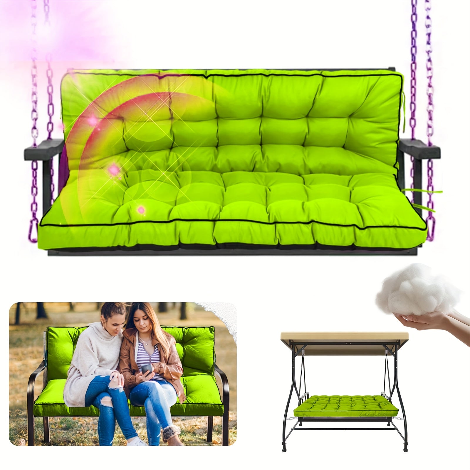 2-3 Seater Waterproof Outdoor Swing Cushions with Turquoise Blue Cushion Cover - Heavy-Duty All-Weather Washable Porch Swing Seat Pad, Sturdy Chain-Fastened Design for Patio,2 Balcony Furniture (Machine Washable, 60x40x4in) -