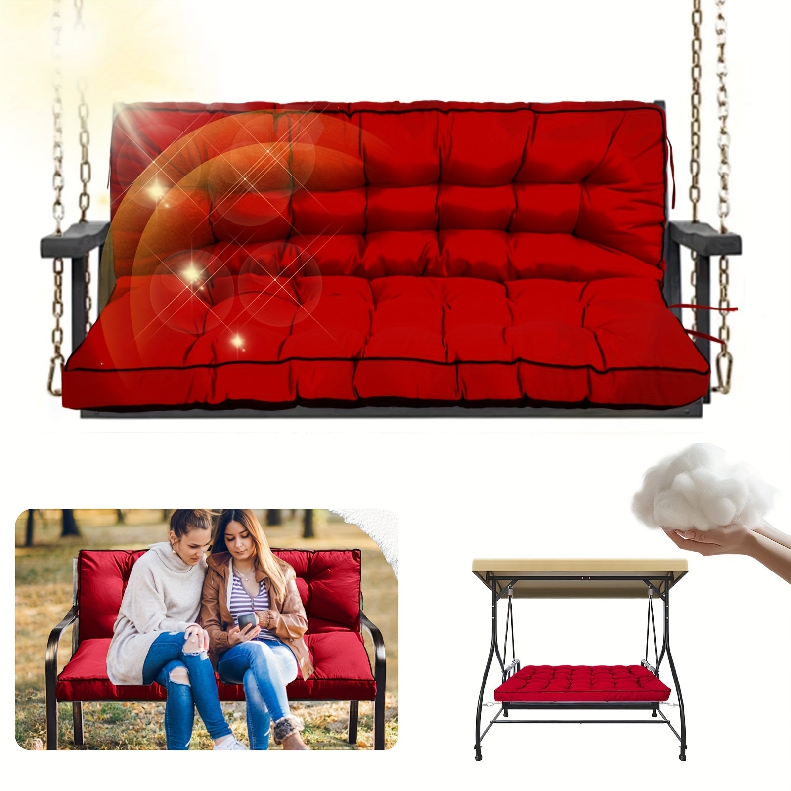 2-3 Seater Waterproof Outdoor Swing Cushions with Turquoise Blue Cushion Cover - Heavy-Duty All-Weather Washable Porch Swing Seat Pad, Sturdy Chain-Fastened Design for Patio,2 Balcony Furniture (Machine Washable, 60x40x4in) -