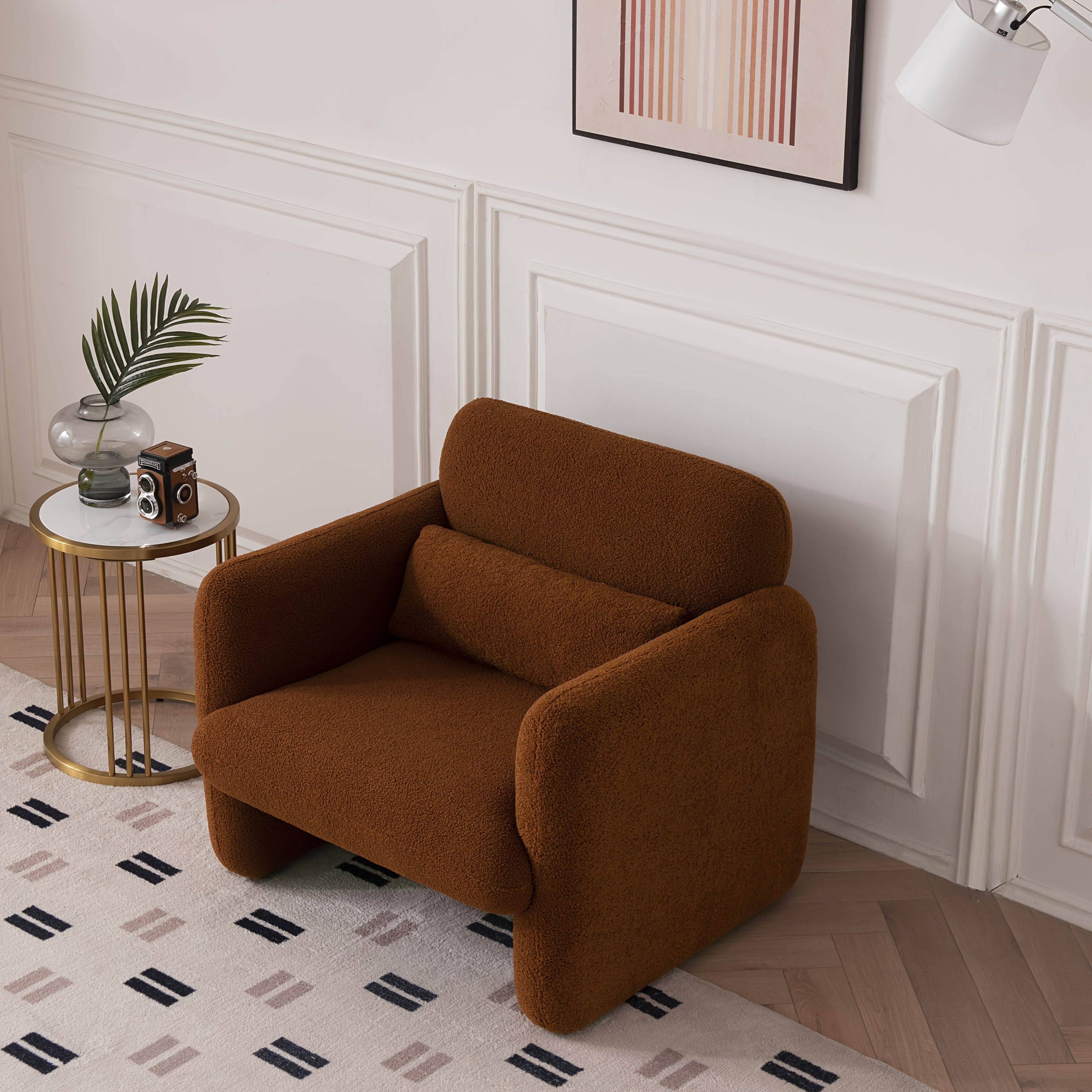 33.86" Accent Chairs, Modern Sherpa Lamb Fabric Armed Chair Comfy Upholstered Armchair Leisure Single Sofa Chair With A Waist Pillow For Bedroom, Office And Living Room