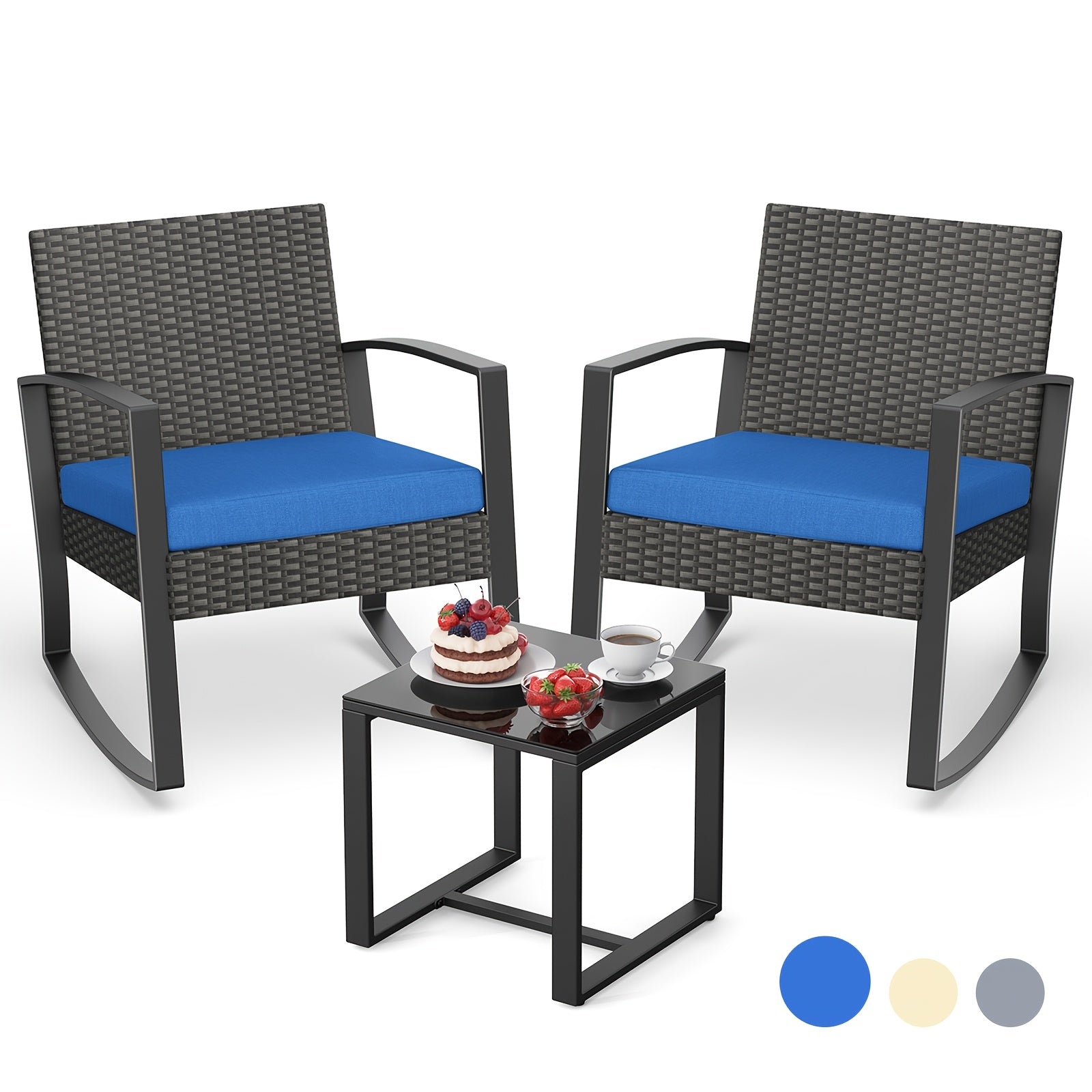 3pcs Patio Furniture Set Rocking Bistro Set Outdoor Rattan Conversation with Coffee Table for Garden Balcony Backyard Poolside (Grey Cushion), Patio Set, Outdoor Patio Furniture, Patio Table And Chair Set, Outdoor Furniture,