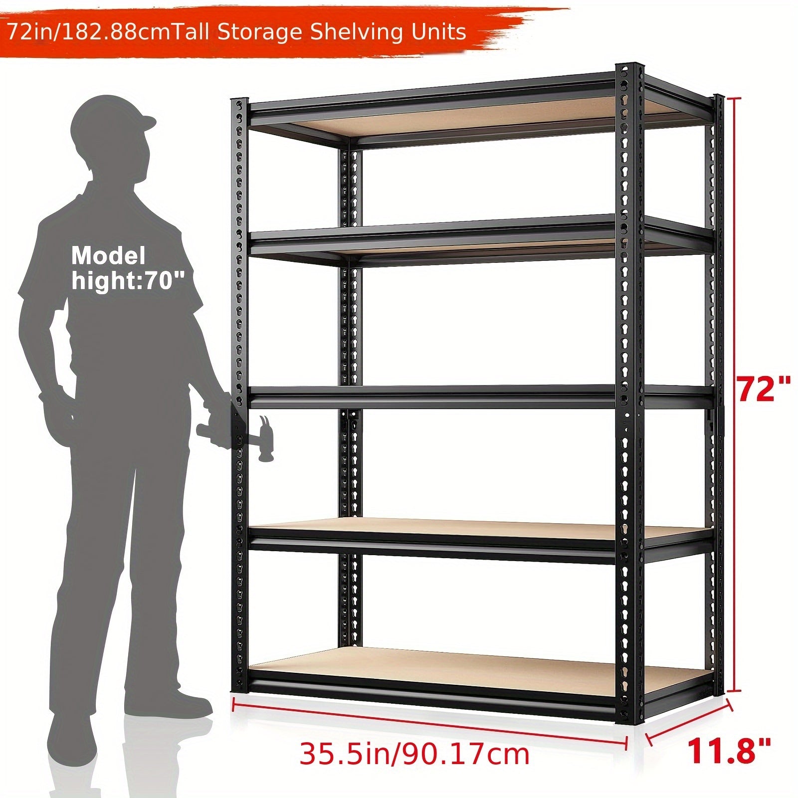 2070LBS Storage Shelves 5 Tier Garage Shelving Heavy Duty Adjustable Garage Shelves, Utility Rack Shelf, Galvanized Steel Shelving Units For Storage Warehouse Pantry Closet, 35.51"W X 11.89"D X72"H, Black