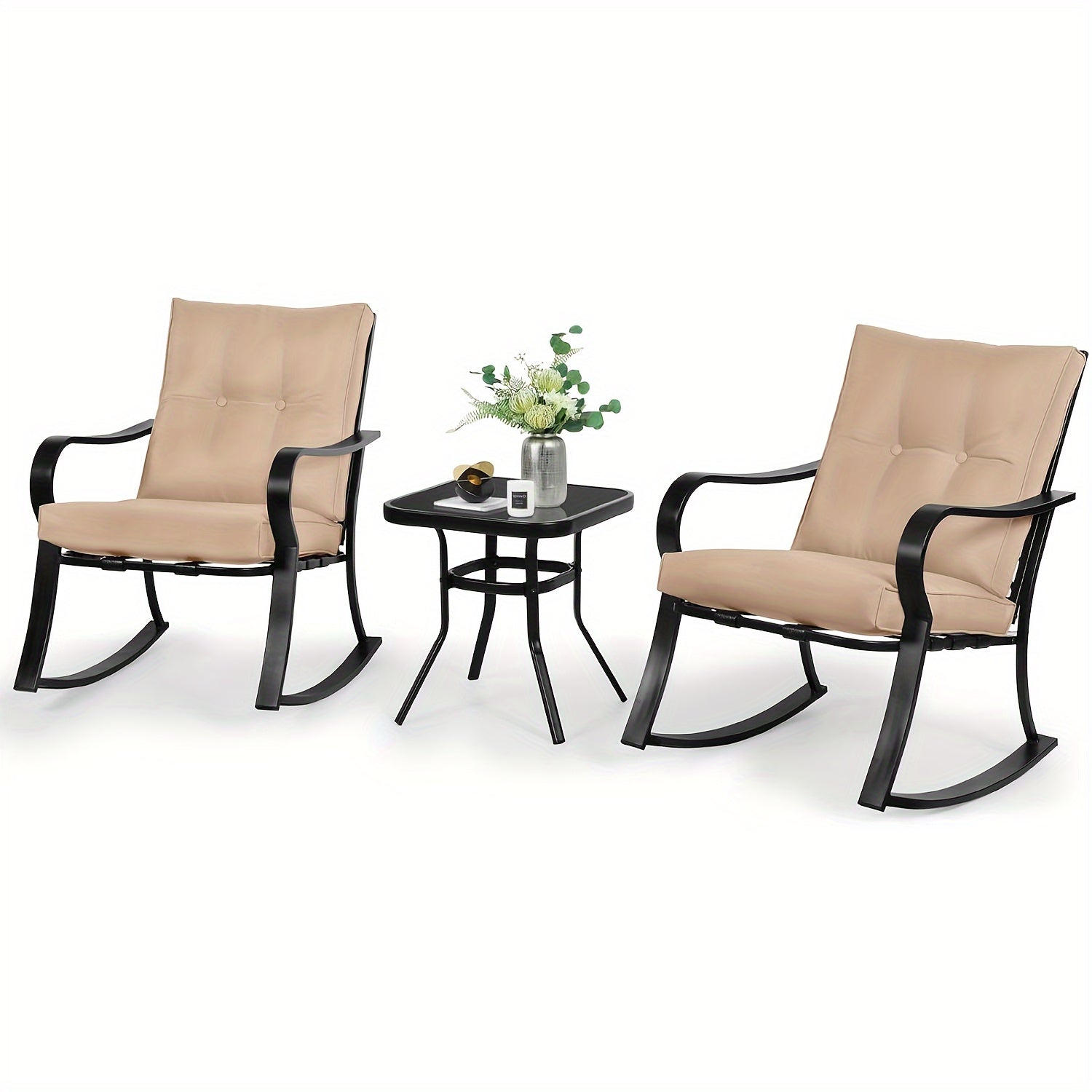 3-Piece Outdoor Rocking Chairs Bistro Set, Black Iron Patio Furniture With Red Thickened Cushion & Glass-Top Coffee Table