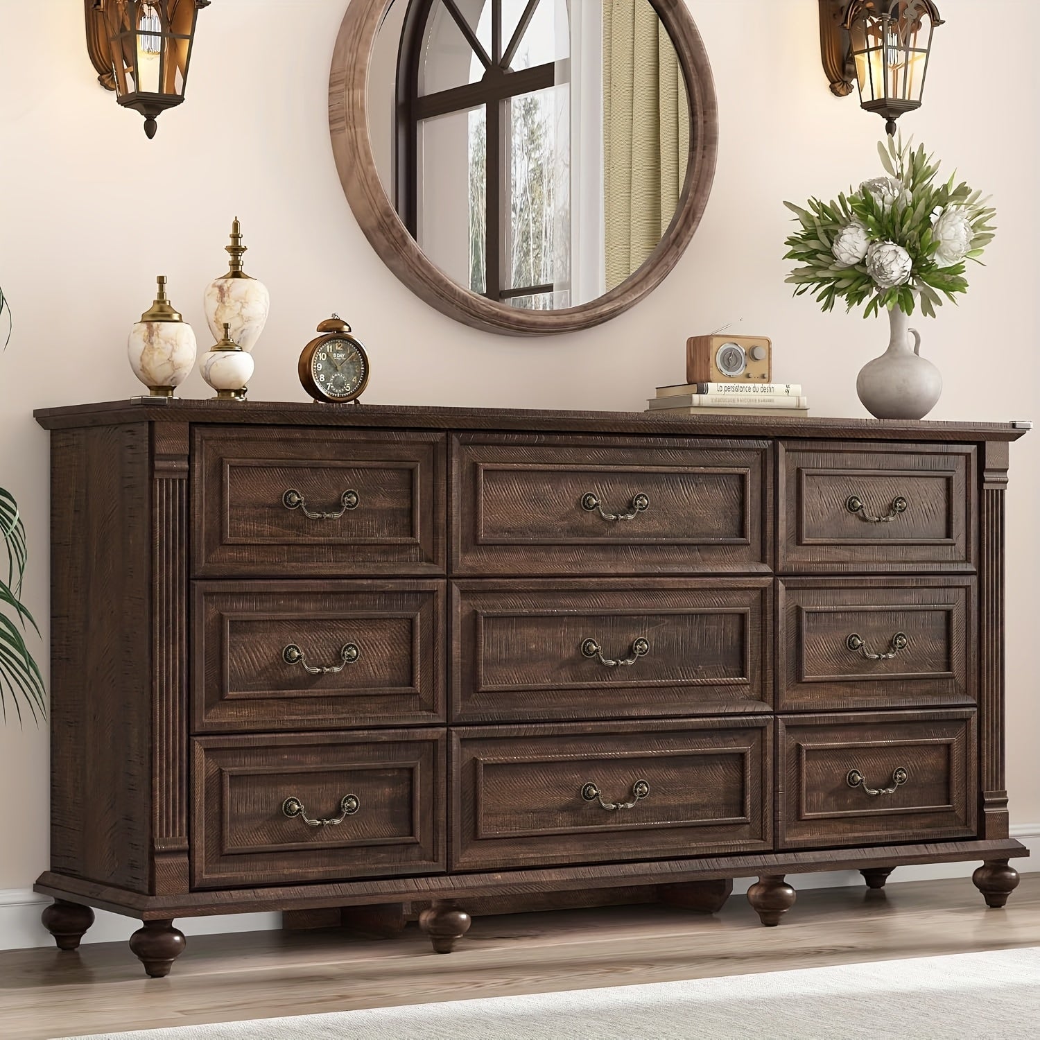 Farmhouse 63in Wide 9 Drawers Dresser with 6 Gourd Feet And Roman Column Decor, Bedroom Furniture, Storage Solution, Classic Design, Elegant Furniture, Mdf Material, Durable Wood, Wide Storage, Spacious Dresser