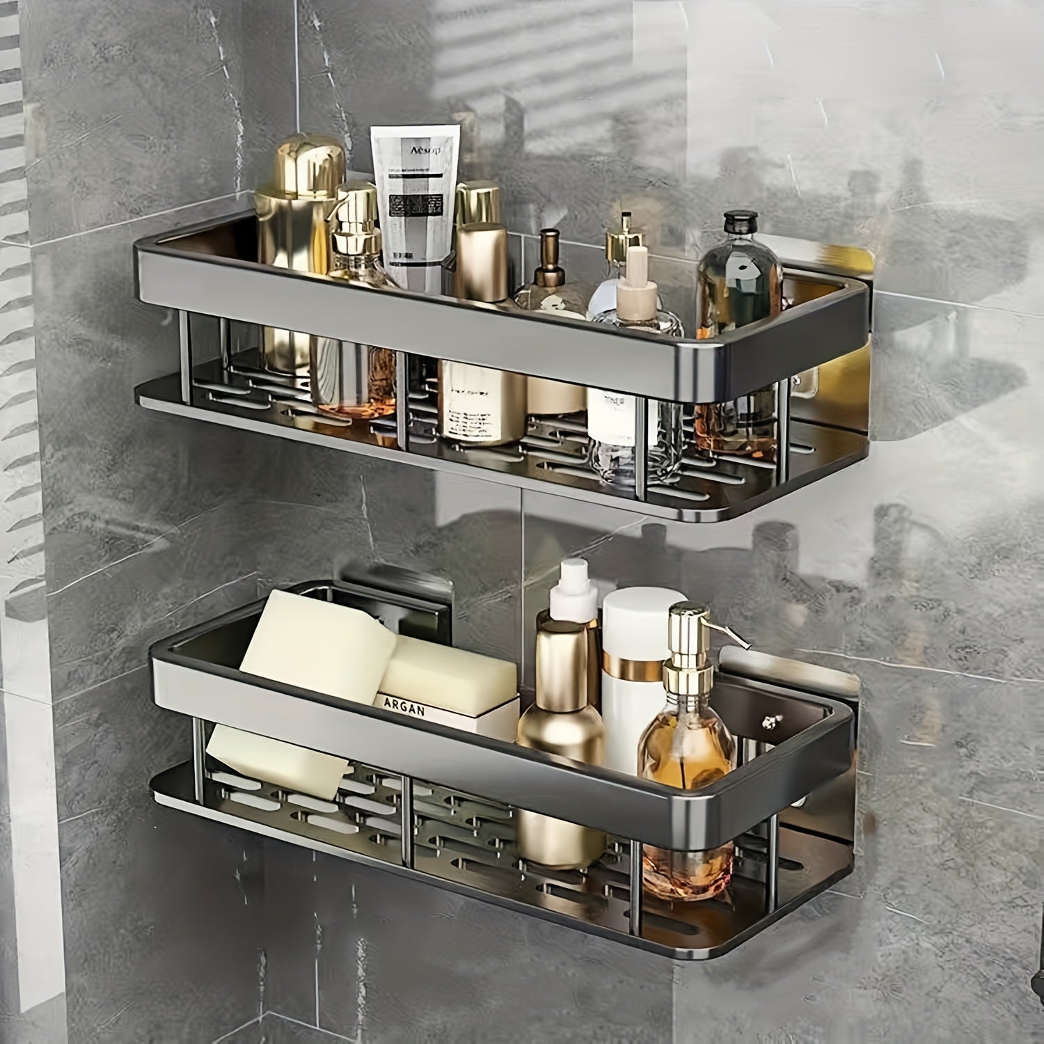 2pcs Stainless Steel Shower Caddy Racks - Rust-Resistant Wall-Mounted Bathroom Organizer with 2-Tier Shelves, Space-Saving Corner Storage for Shower & Bathtub Accessories (Black), Shower Caddies