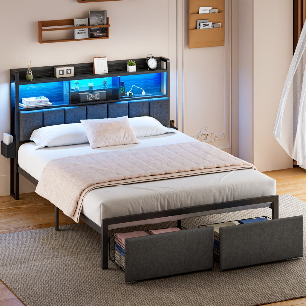 1pc Queen Bed Frame with RGB LED Lighting & Dual USB Ports - Heavy-Duty Platform Bed with 11.8" Deep Storage Drawers, Under-Bed Organization - Modern Bedroom Furniture for Space-Saving Homes - Compatible with US Outlets (125V