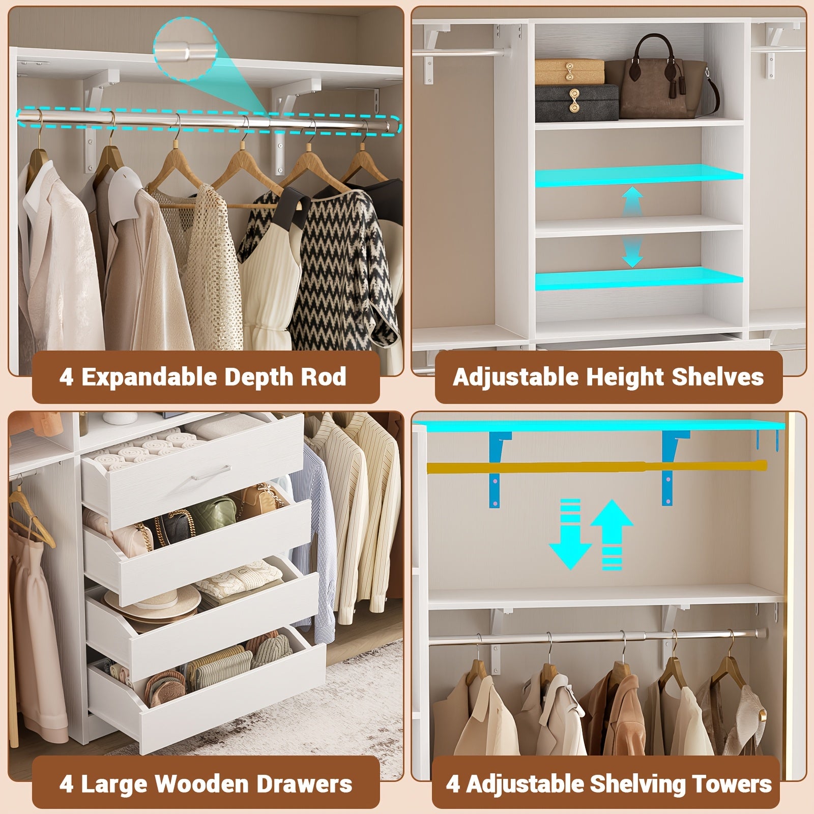 Closet System, 8ft Wood Closet Organizer And Storage System with 4 Drawers, Closet Organizer System, 96'' Walk-in Wardrobe Closet Unit, Closet Clothes Rack with 4 Hanging Rods, Shelves, Adjustable Garment Rack, Cut Fits Space