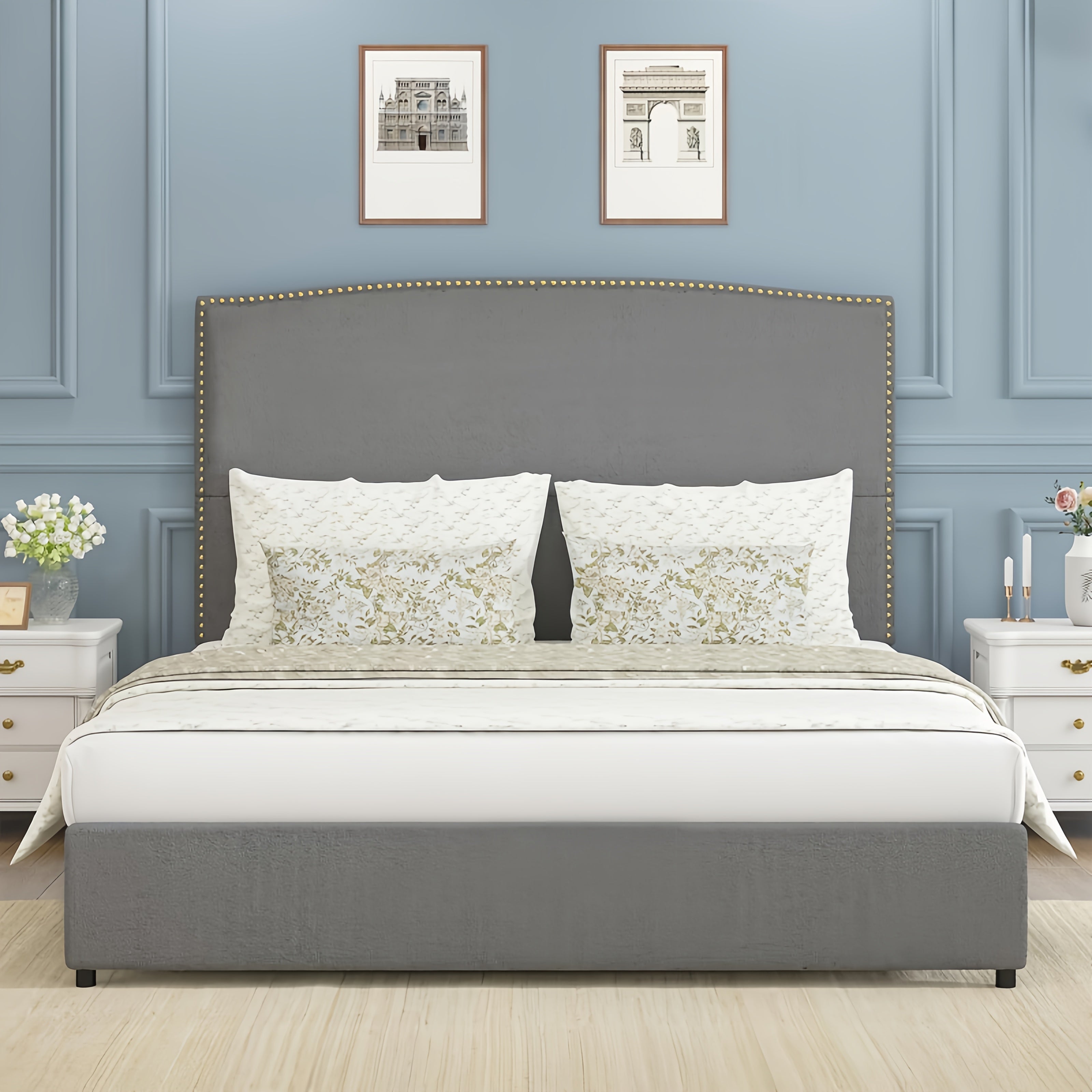 Full Queen King Size Bed Frame with 56" Tall Headboard - Boucle Upholstered Platform Bed with Nailhead Trim, Grey/Beige/White, No Box Spring Needed, Easy Assembly, Hardwood Frame Contemporary Bedroom Furniture, Home Decor, Mo
