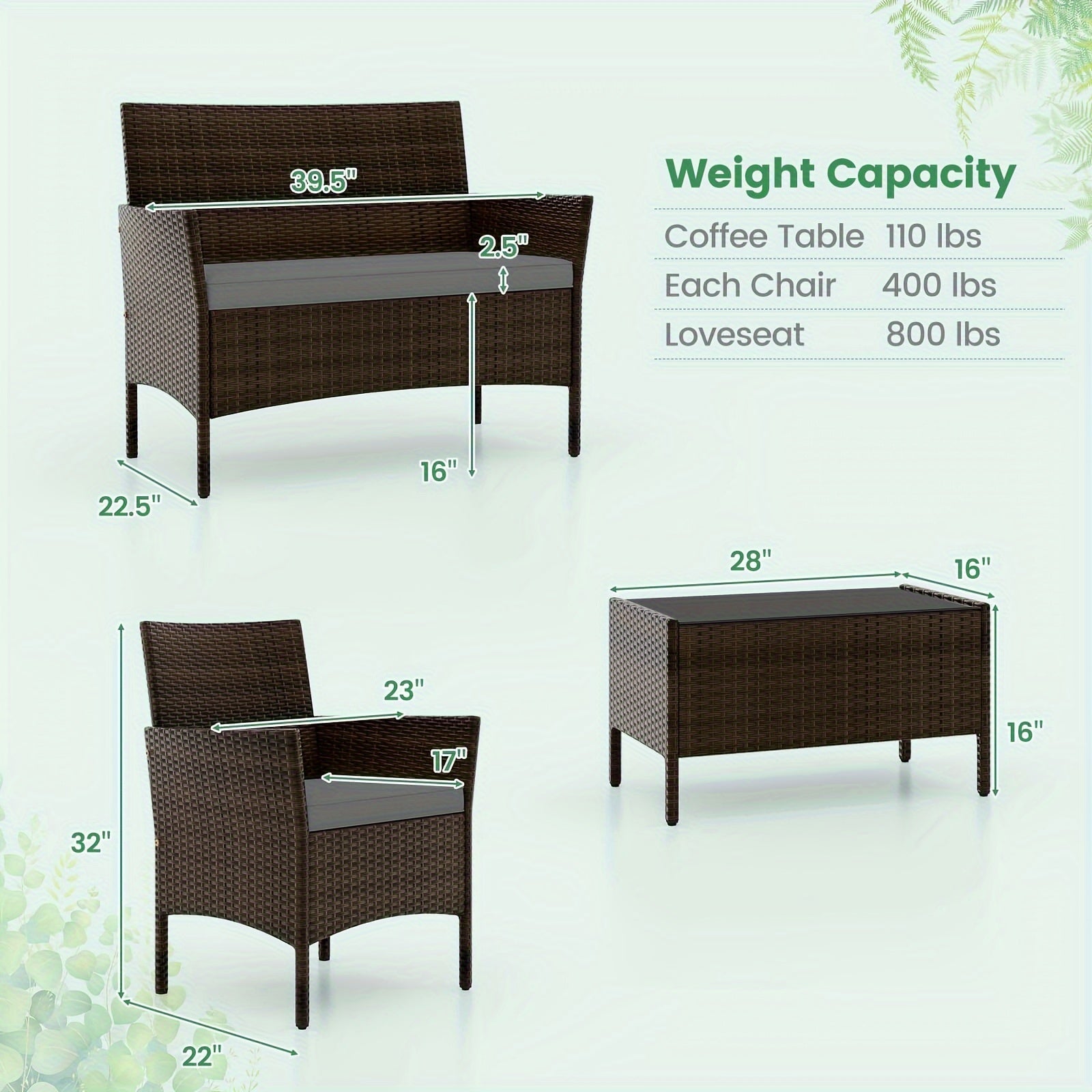 4pcs Patio Furniture Set w/Washable Cushions and Tempered Glass Coffee Table