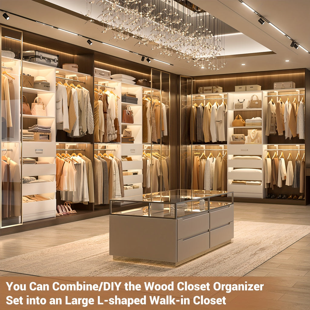 Closet System, 8ft Wood Closet Organizer And Storage System with 4 Drawers, Closet Organizer System, 96'' Walk-in Wardrobe Closet Unit, Closet Clothes Rack with 4 Hanging Rods, Shelves, Adjustable Garment Rack, Cut Fits Space