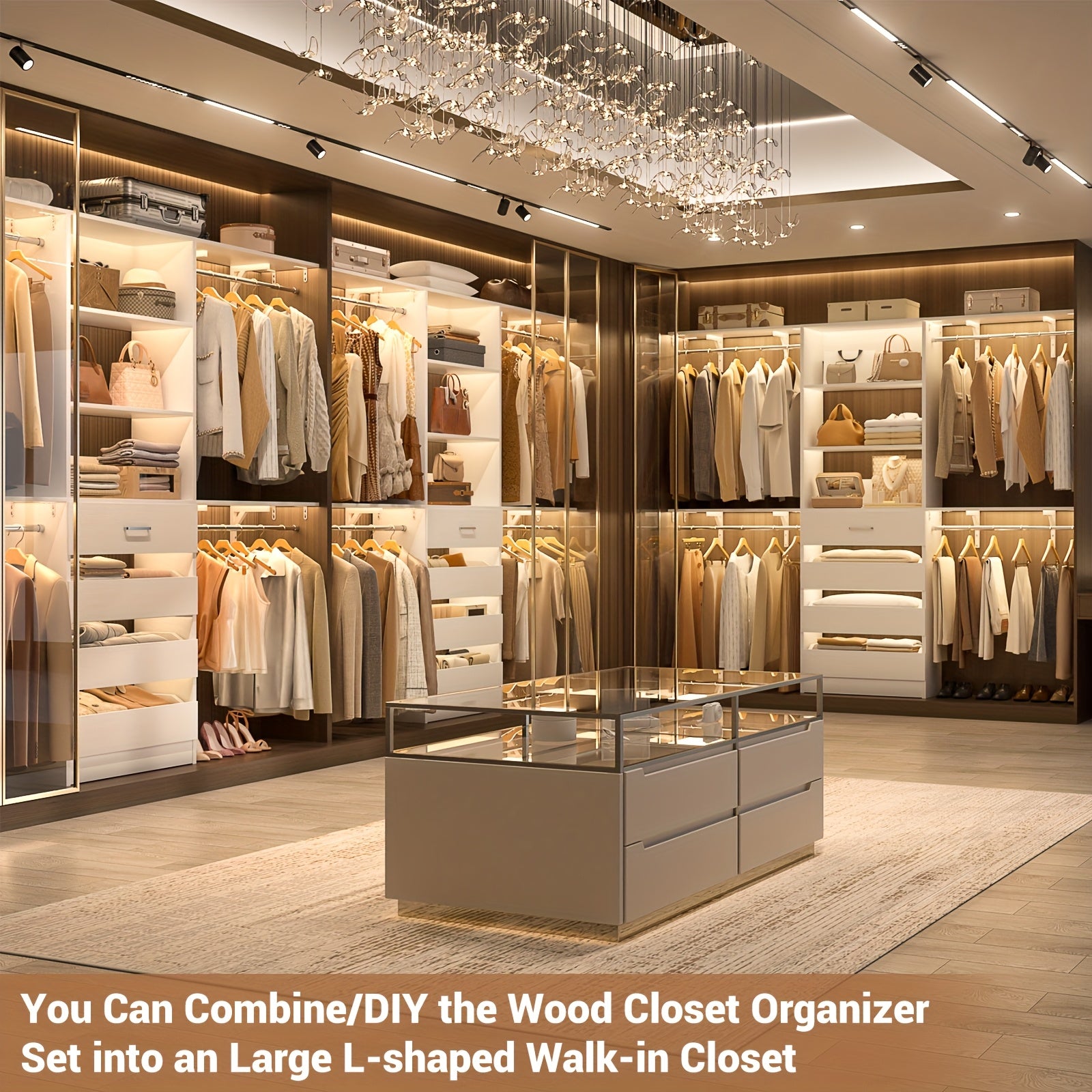 Closet System, 8ft Wood Closet Organizer And Storage System with 4 Drawers, Closet Organizer System, 96'' Walk-in Wardrobe Closet Unit, Closet Clothes Rack with 4 Hanging Rods, Shelves, Adjustable Garment Rack, Cut Fits Space