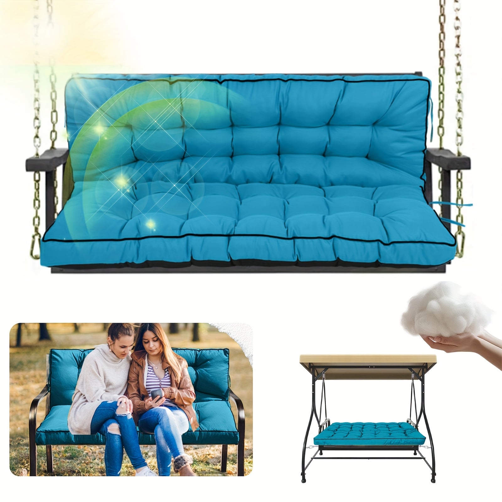 2-3 Seater Waterproof Outdoor Swing Cushions with Turquoise Blue Cushion Cover - Heavy-Duty All-Weather Washable Porch Swing Seat Pad, Sturdy Chain-Fastened Design for Patio,2 Balcony Furniture (Machine Washable, 60x40x4in) -