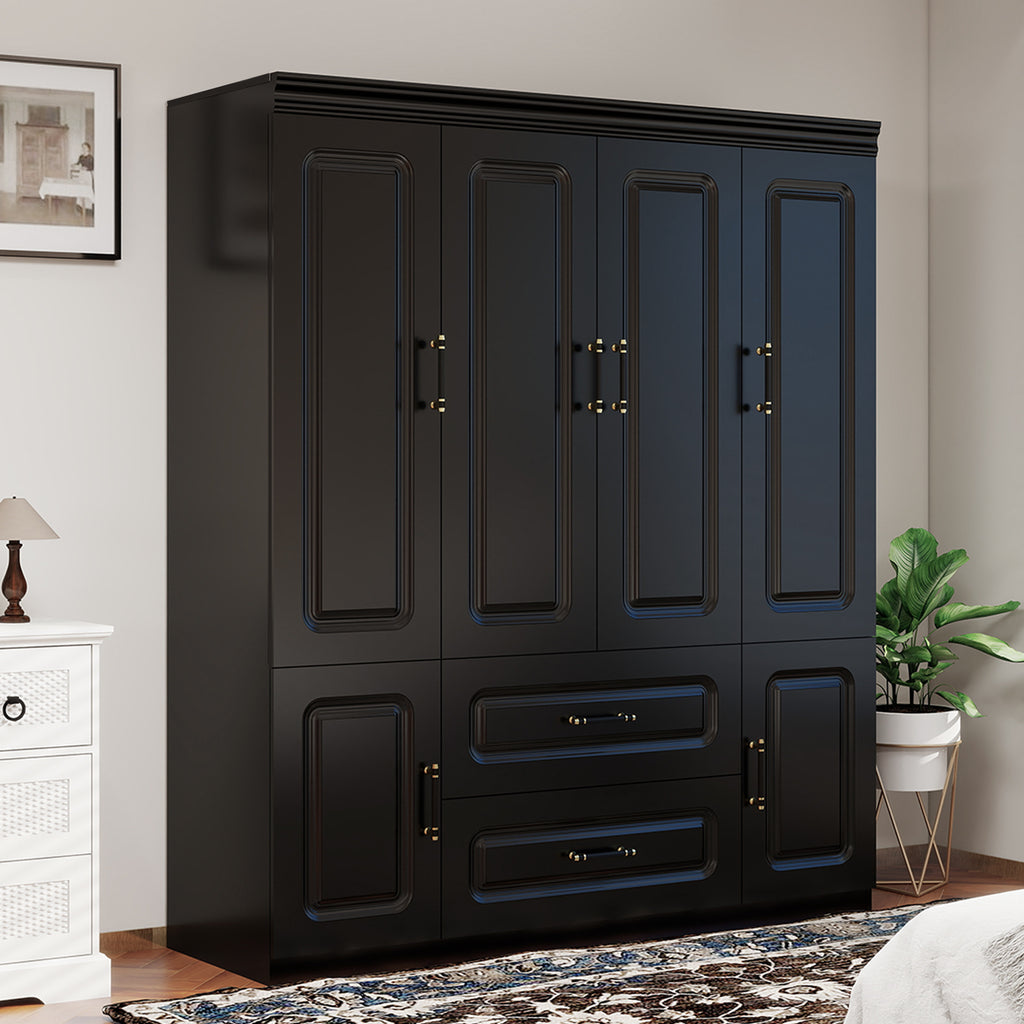 Elegant Modern Black Wooden Wardrobe Armoire with Drawer & Shelves - Waterproof, Free-Standing Closet Storage Cabinet for Bedroom, Dustproof with Golden Handles, Portable Closet, Storage Boxes for Organizing