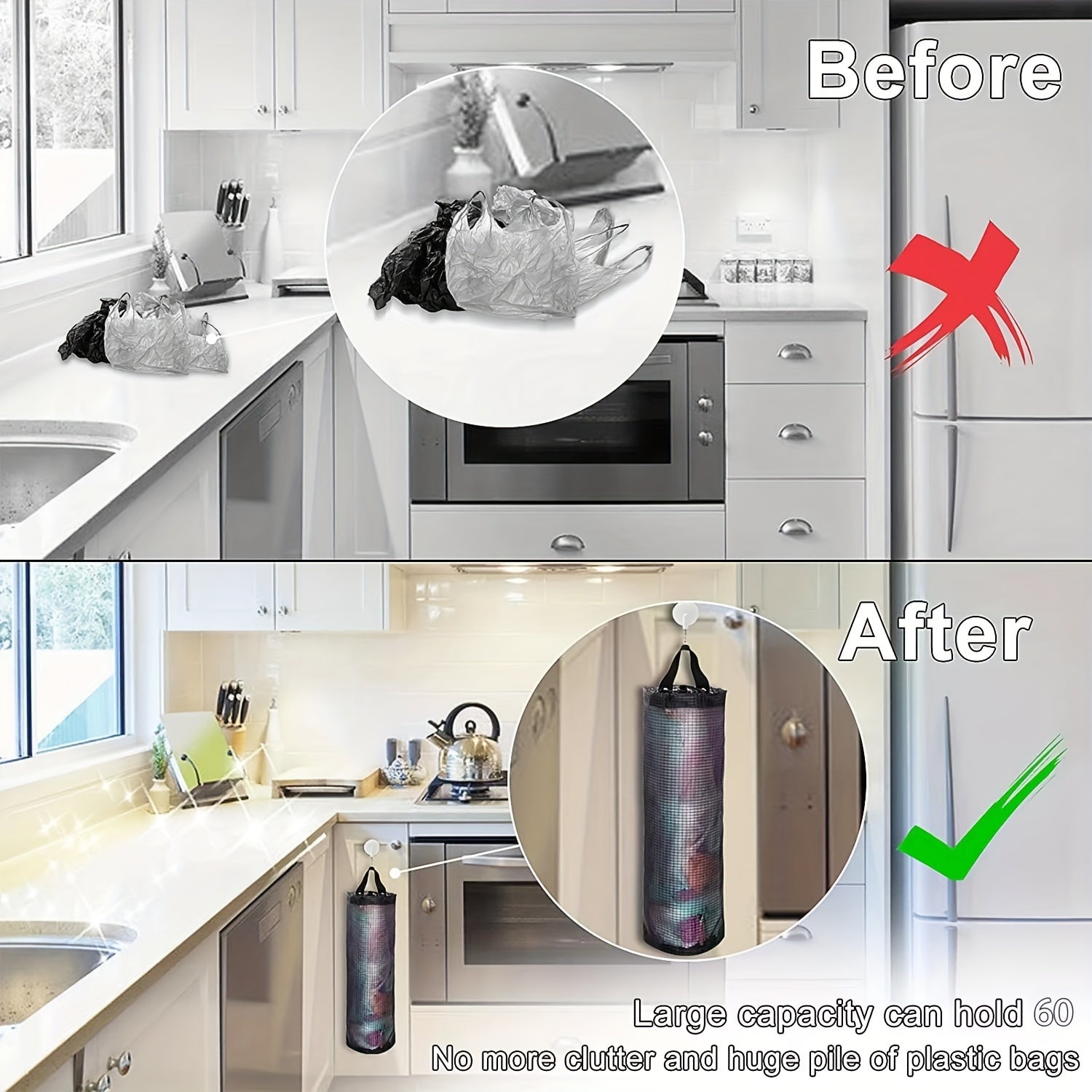 1pc Foldable Mesh Grocery Bag Holder, Breathable Plastic Bag Dispenser, Kitchen Garbage Bag Organizer with Hanging Storage