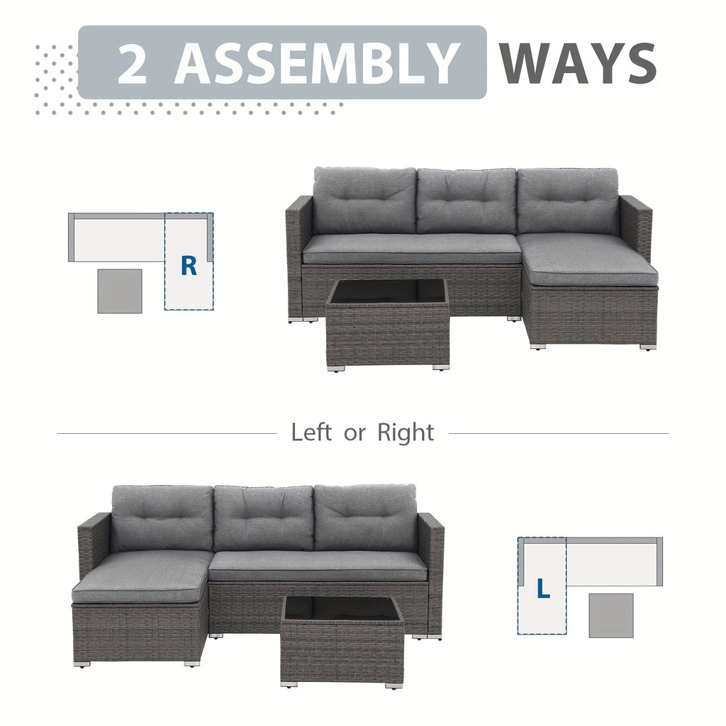 All-Weather Wicker Patio Furniture Set - Includes Sectional Sofa, Chaise Lounge & Glass Coffee Table | Durable Rattan with Metal Frame for Deck, Balcony, Porch | Grey