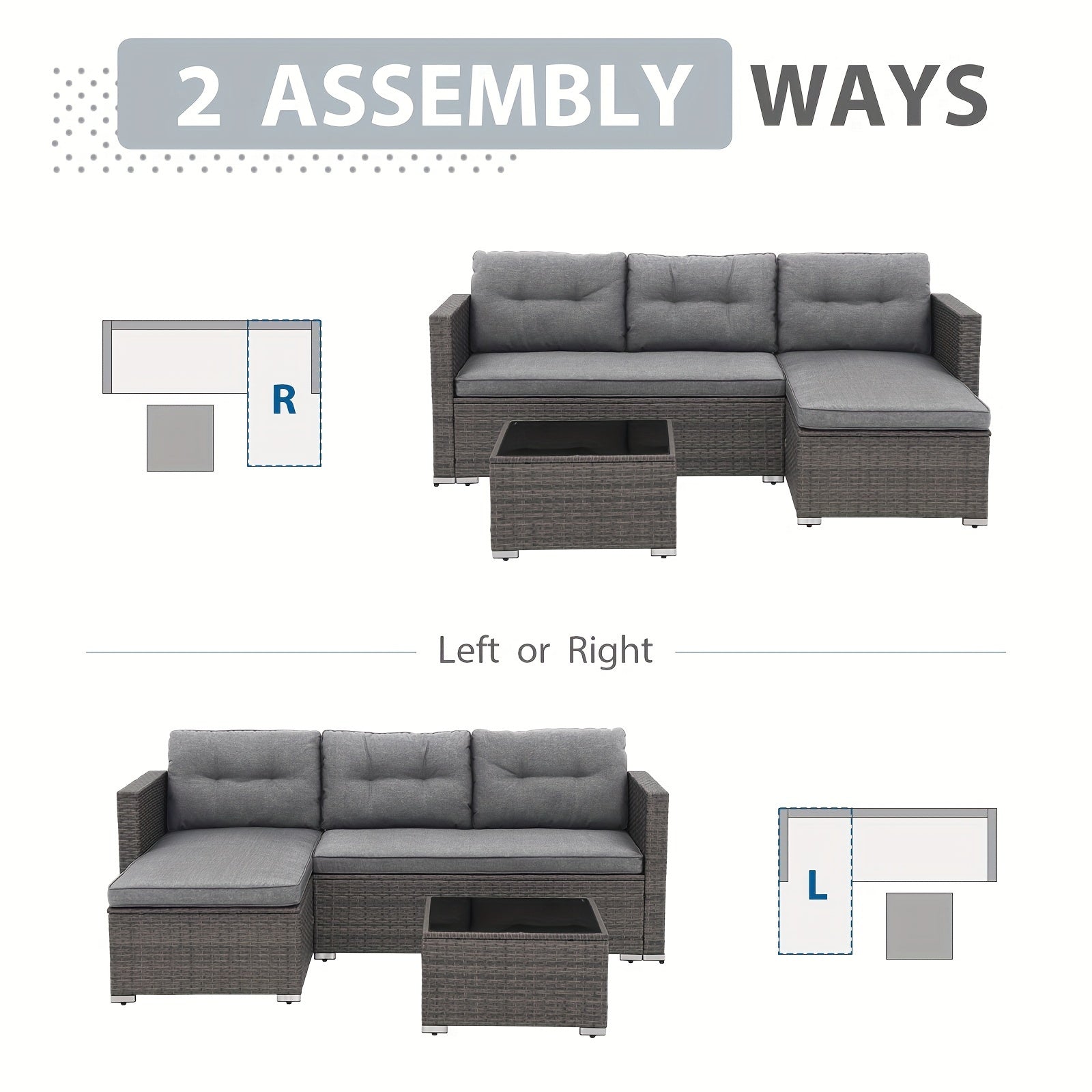 All-Weather Wicker Patio Furniture Set - Includes Sectional Sofa, Chaise Lounge & Glass Coffee Table | Durable Rattan with Metal Frame for Deck, Balcony, Porch | Grey
