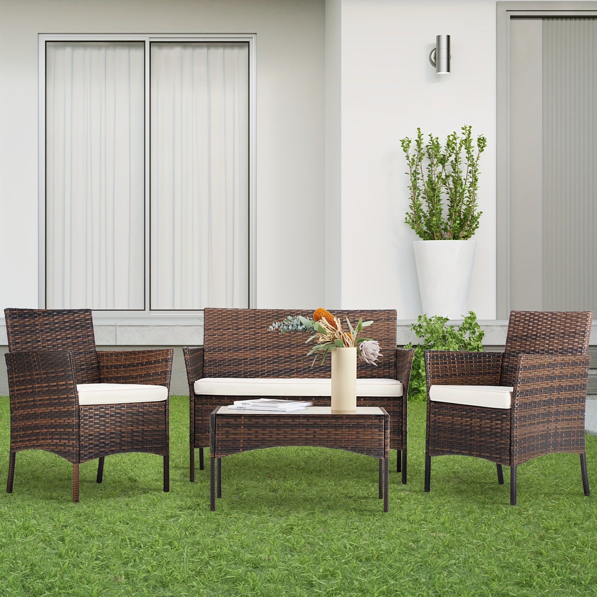 4pcs Patio Furniture Set, Outdoor Wicker Set with Coffee Table, Contemporary Rattan Conversation Patio Chairs with Sofa, Ideal for Garden, Terrace, Porch, Balconies, and Lawns, Brown