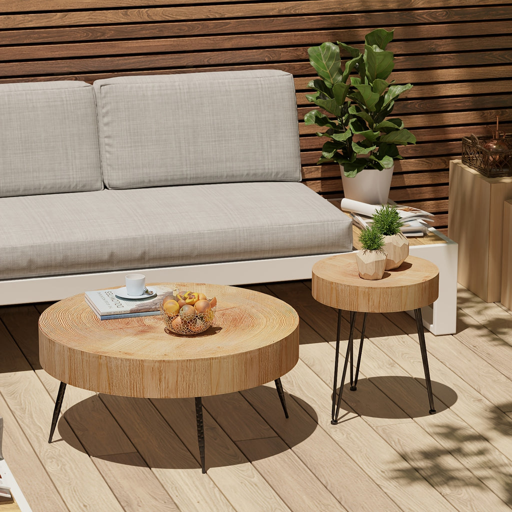 Farmhouse 2pcs Modern Coffee Table Set, Nesting Table Round Natural Finish with Handcrafted Wood Ring Motif, Patio Furniture, Garden Decor, Rustic Design, Farmhouse Style, Durable Wood, Solid Build, Accent Tables, Side Tables