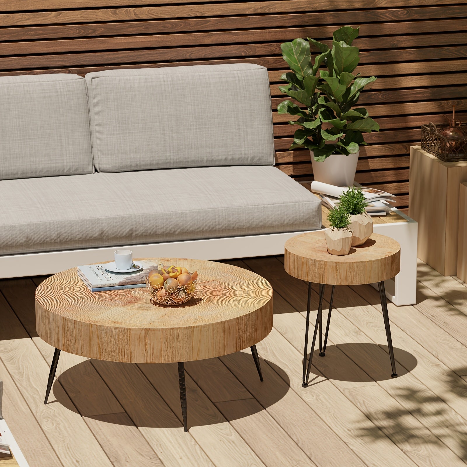 Farmhouse 2pcs Modern Coffee Table Set, Nesting Table Round Natural Finish with Handcrafted Wood Ring Motif, Patio Furniture, Garden Decor, Rustic Design, Farmhouse Style, Durable Wood, Solid Build, Accent Tables, Side Tables