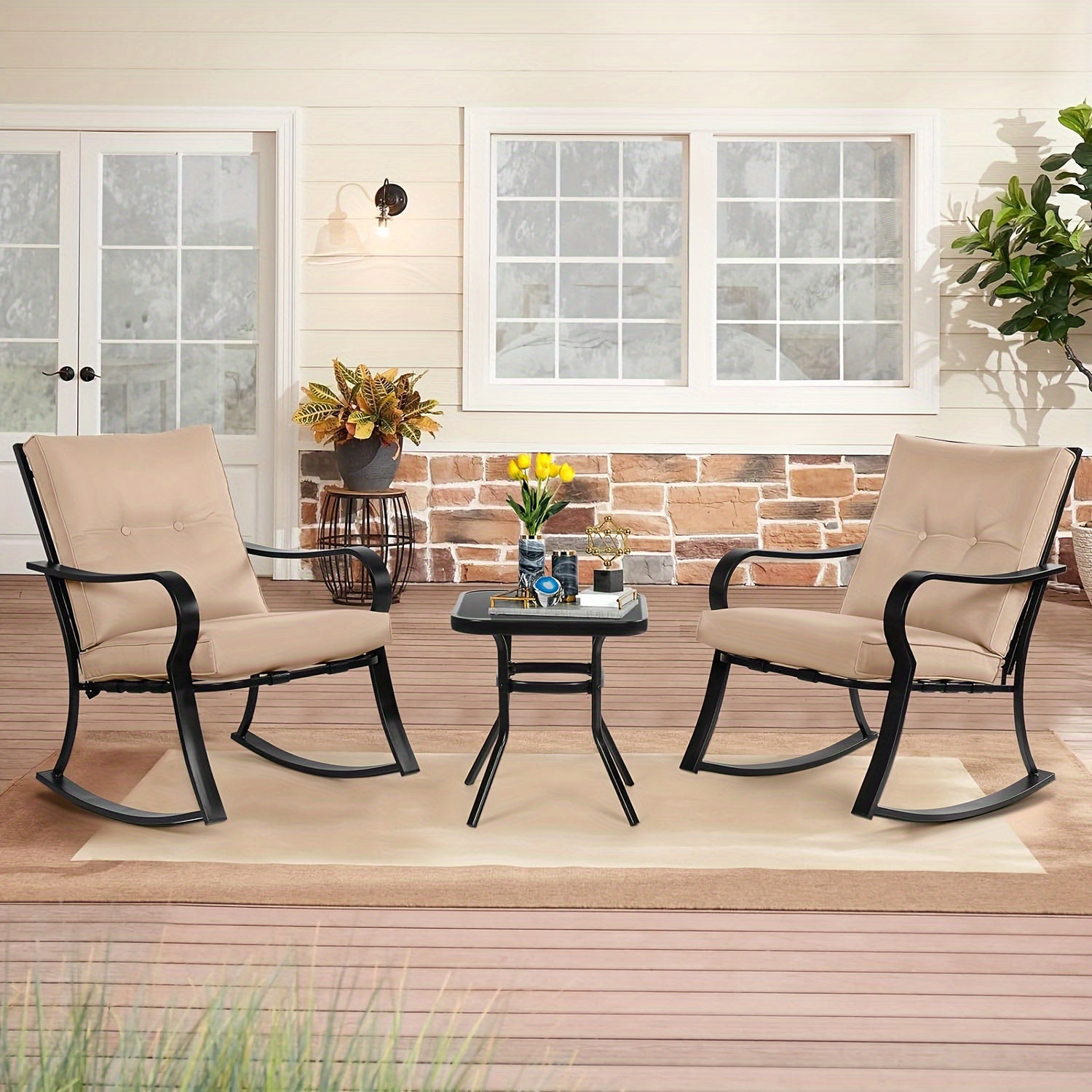 3-Piece Outdoor Rocking Chairs Bistro Set, Black Iron Patio Furniture With Red Thickened Cushion & Glass-Top Coffee Table
