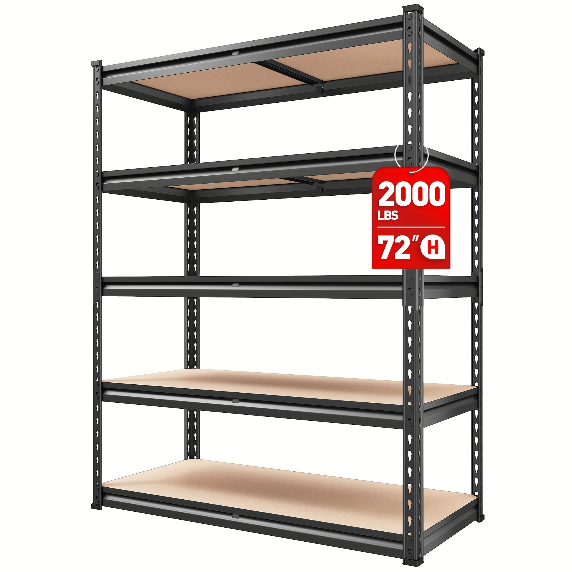 2000LBS Storage Shelves 5 Tier Garage Shelving Heavy Duty, Adjustable Metal Shelving Unit, Garage Shelves for Basement, Warehouse, Pantry, 72.5" H X 35.55" W X 16" D, Black, 60"H×28"W ×12"D, Available In Two Sizes, The Prac