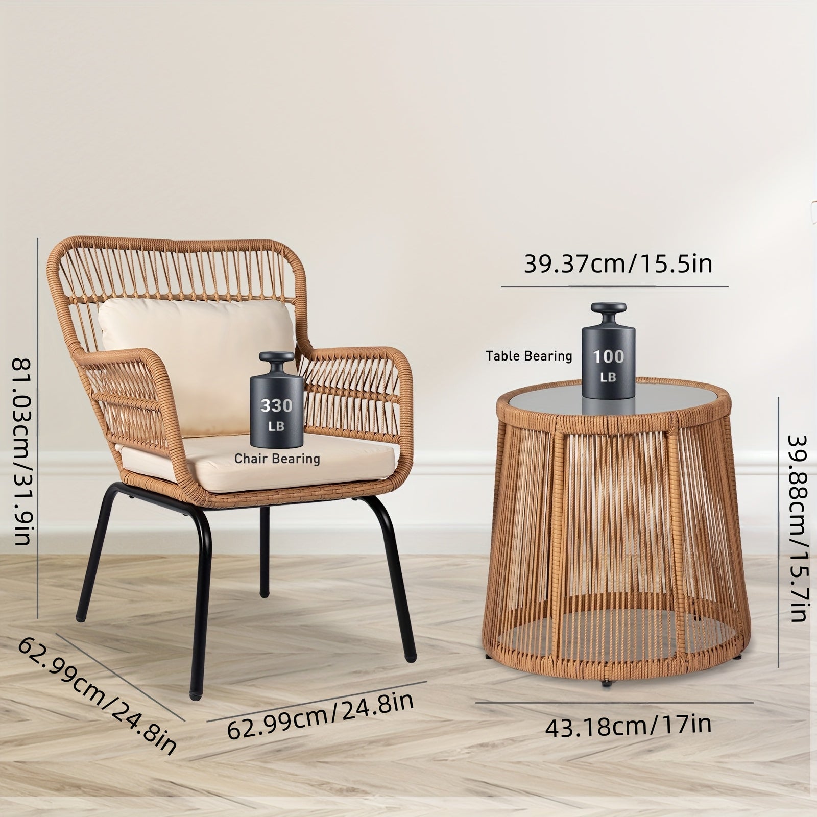 3pcs Outdoor Wicker Bistro Furniture Set with Beige Cushioned Seats & Coffee Table - All-Weather Metal Frame & Plastic Top, Curved Armrests & Sturdy Base for Patio, Balcony, Garden, Front Porch - Comfortable Rattan Sofa Set i