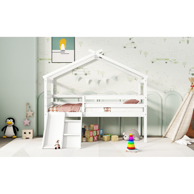GINOST Twin Low Loft House Bed with Slide & Ladder - White Wooden Frame, Safety Guardrails, Built-in Storage Shelves, Contemporary Bedroom Furniture, Easy Assembly, No Power Needed, Bedroom Furniture, Playful Design, Sturdy C