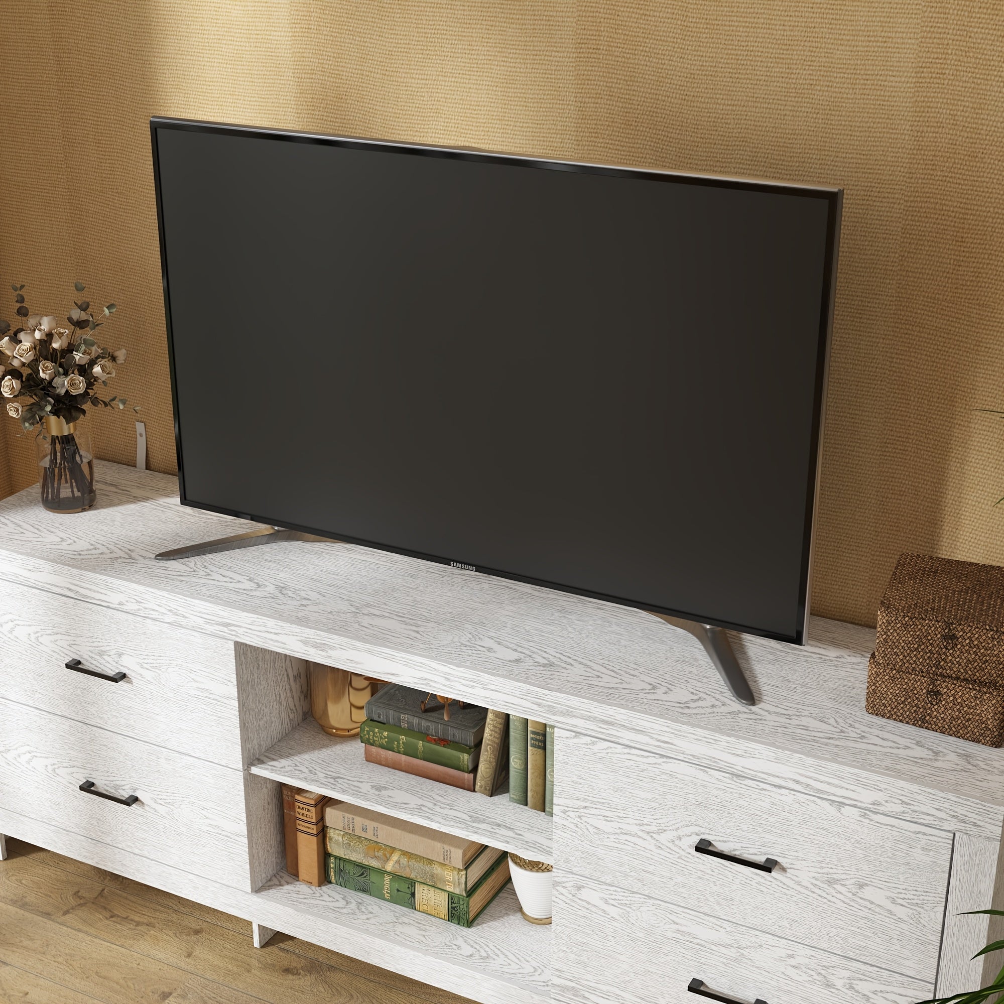 70.8" Modern White TV Stand with 4 Drawers & 2 Shelves - Engineered Wood Media Console, Stable Legs, Multi-Purpose Storage Cabinet for Living Room, Bedroom, Entryway - Easy Assembly, Ideal Gift, Tv Table for Living Room, Bedr
