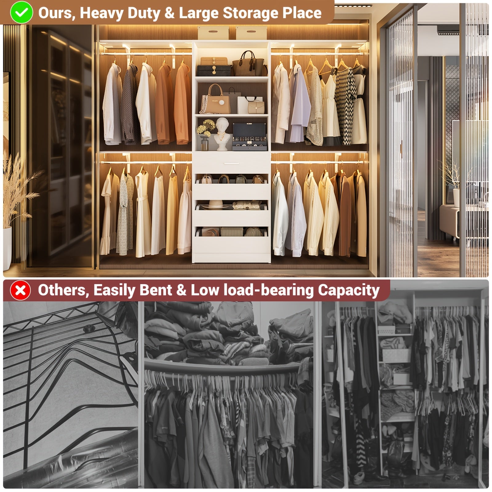 Closet System, 8ft Wood Closet Organizer And Storage System with 4 Drawers, Closet Organizer System, 96'' Walk-in Wardrobe Closet Unit, Closet Clothes Rack with 4 Hanging Rods, Shelves, Adjustable Garment Rack, Cut Fits Space