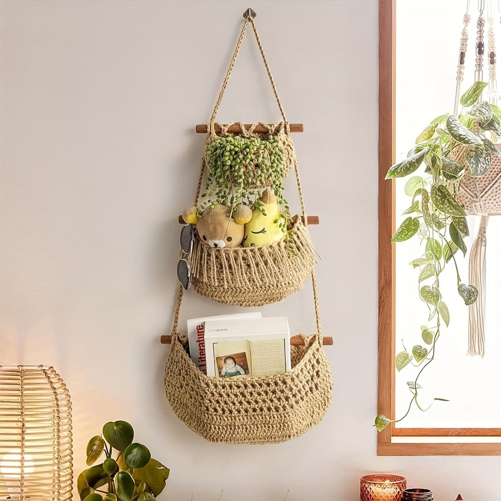 Easy to Install 3-Tier Wall Hanging Storage Basket - Handwoven Rope, Versatile and Space-Saving Organizer for Fruits, Vegetables & More - Boho Chic Home Decor