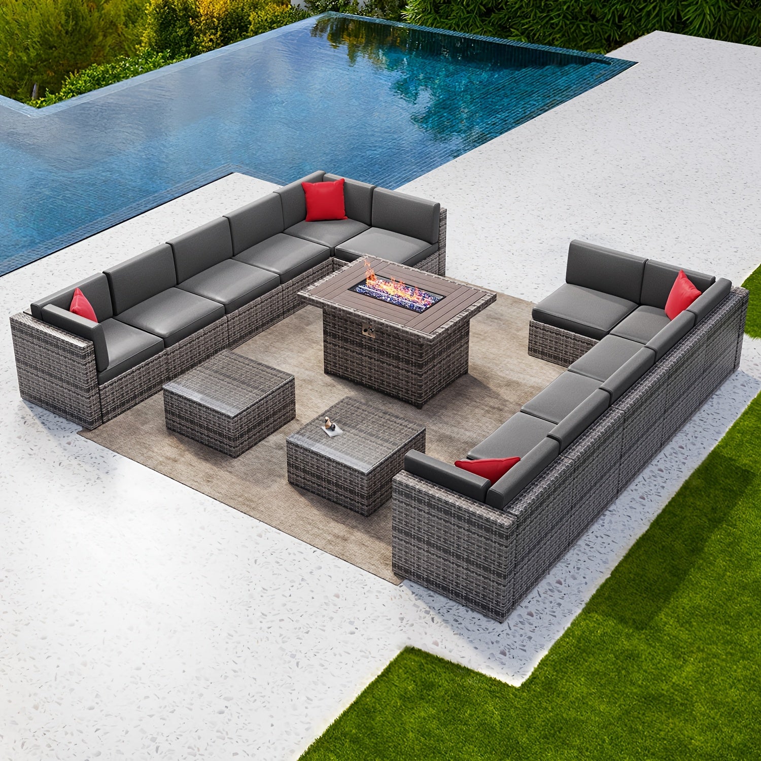 15 Pieces Patio Furniture Set - Grey Wicker Rattan Sectional Sofa with Coffee Table, 40" Fire Pit Table, Outdoor Conversation Set for Garden and Backyard