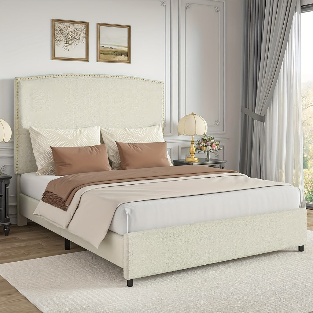 Elegant Queen King Size Bed Frame with 56" Tall Headboard, Boucle Upholstered Platform Bed with Nailhead Trim, Soft Beige/Grey/White Fabric, No Box Spring Needed, Easy Assembly, Classic Hardwood Design for a Luxurious Bedroom
