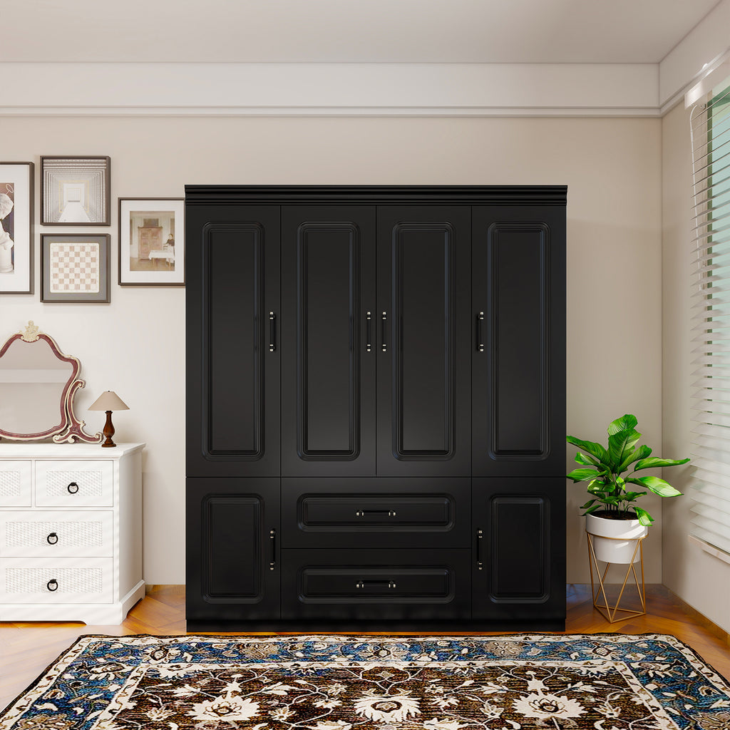 Elegant Modern Black Wooden Wardrobe Armoire with Drawer & Shelves - Waterproof, Free-Standing Closet Storage Cabinet for Bedroom, Dustproof with Golden Handles, Portable Closet, Storage Boxes for Organizing