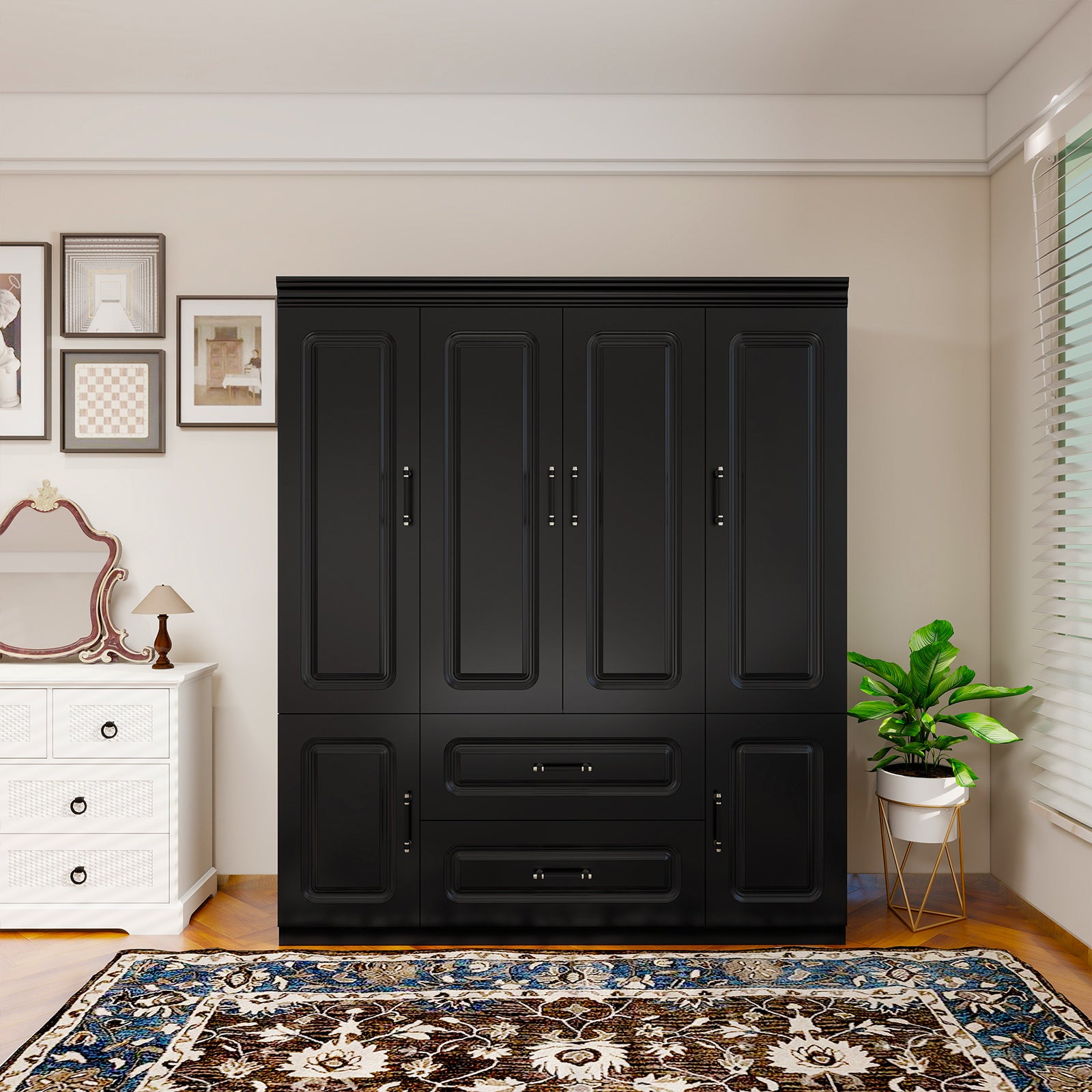 Elegant Modern Black Wooden Wardrobe Armoire with Drawer & Shelves - Waterproof, Free-Standing Closet Storage Cabinet for Bedroom, Dustproof with Golden Handles, Portable Closet, Storage Boxes for Organizing