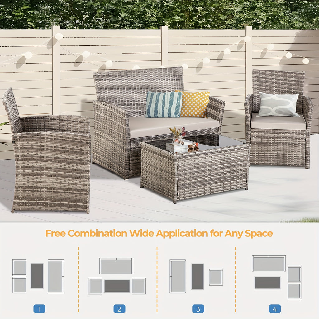 4pcs Patio Furniture Set, Outdoor Wicker Conversation Sets, Rattan Sectional Sofa W/Coffee Table, Seat Cushions For Backyard Porch Garden Poolside