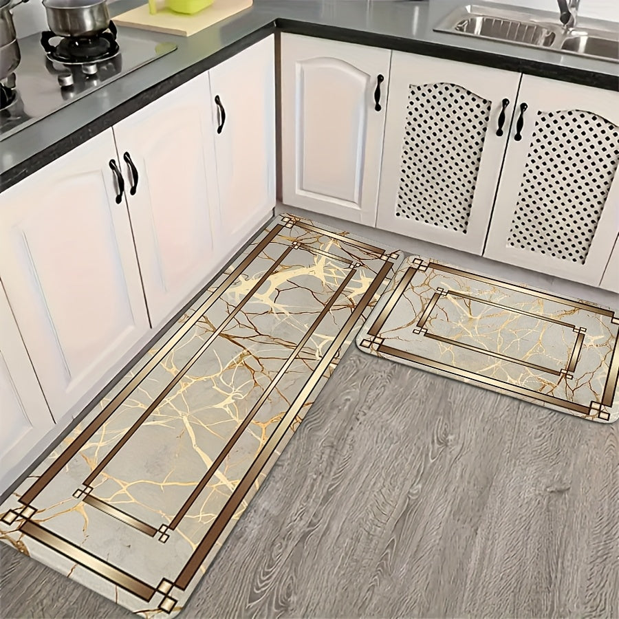 2/3pcs Spring Summer Kitchen Decor Mat Set, Marble Style Gold Plated Printed Floor Mats for Home & Laundry Room Entrance Doorway – Absorbent Lightweight Washable Easter Mother's Day Valentine’s Gift, Kitchen Floor Mats, K