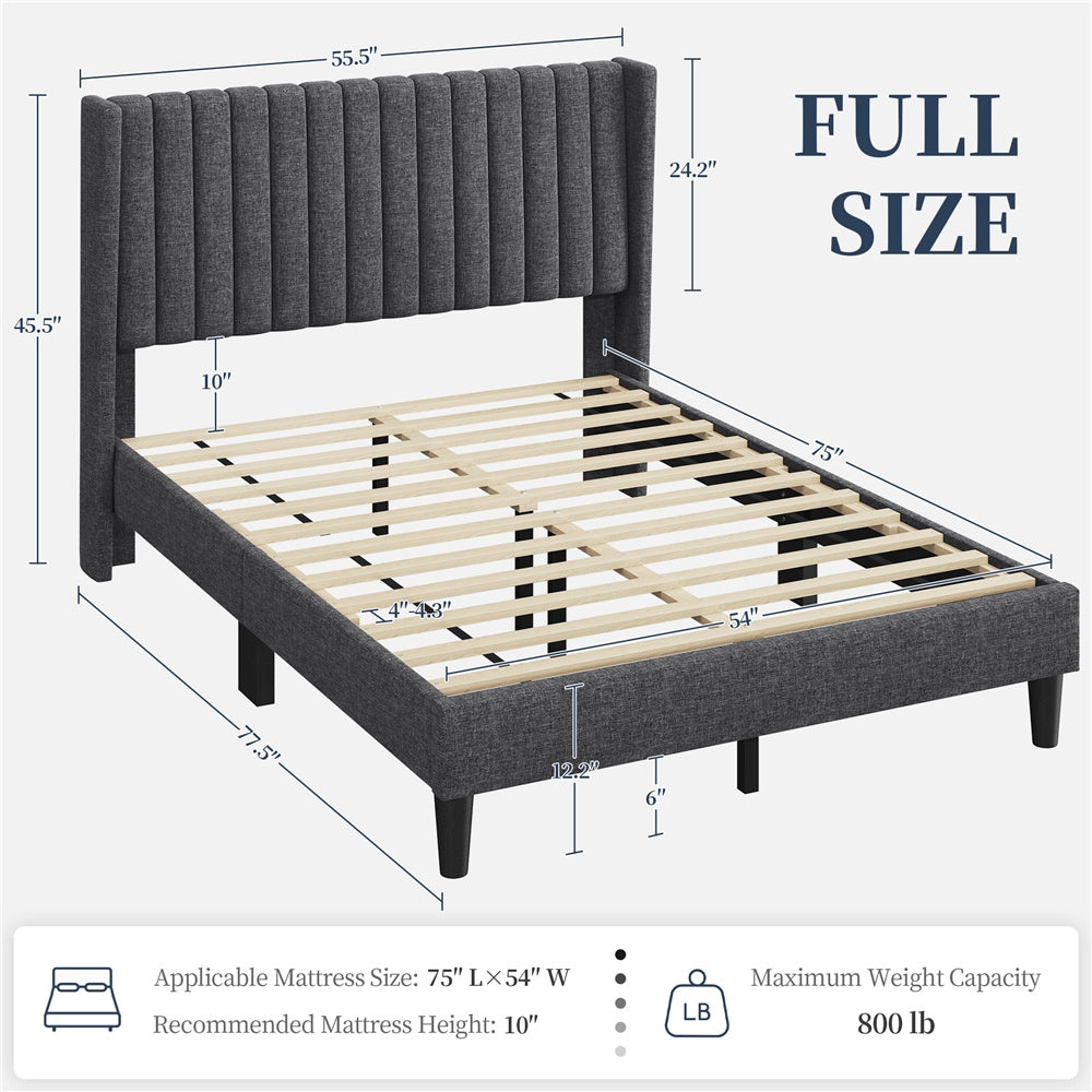 Costoffs Upholstered Bed Frame Full/Queen/King Size, Winged Headboard, Non-Slip, Noiseless, Wooden Slats, Bedroom Furniture, Easy Setup, No Box Spring Required, Installation Guide Included