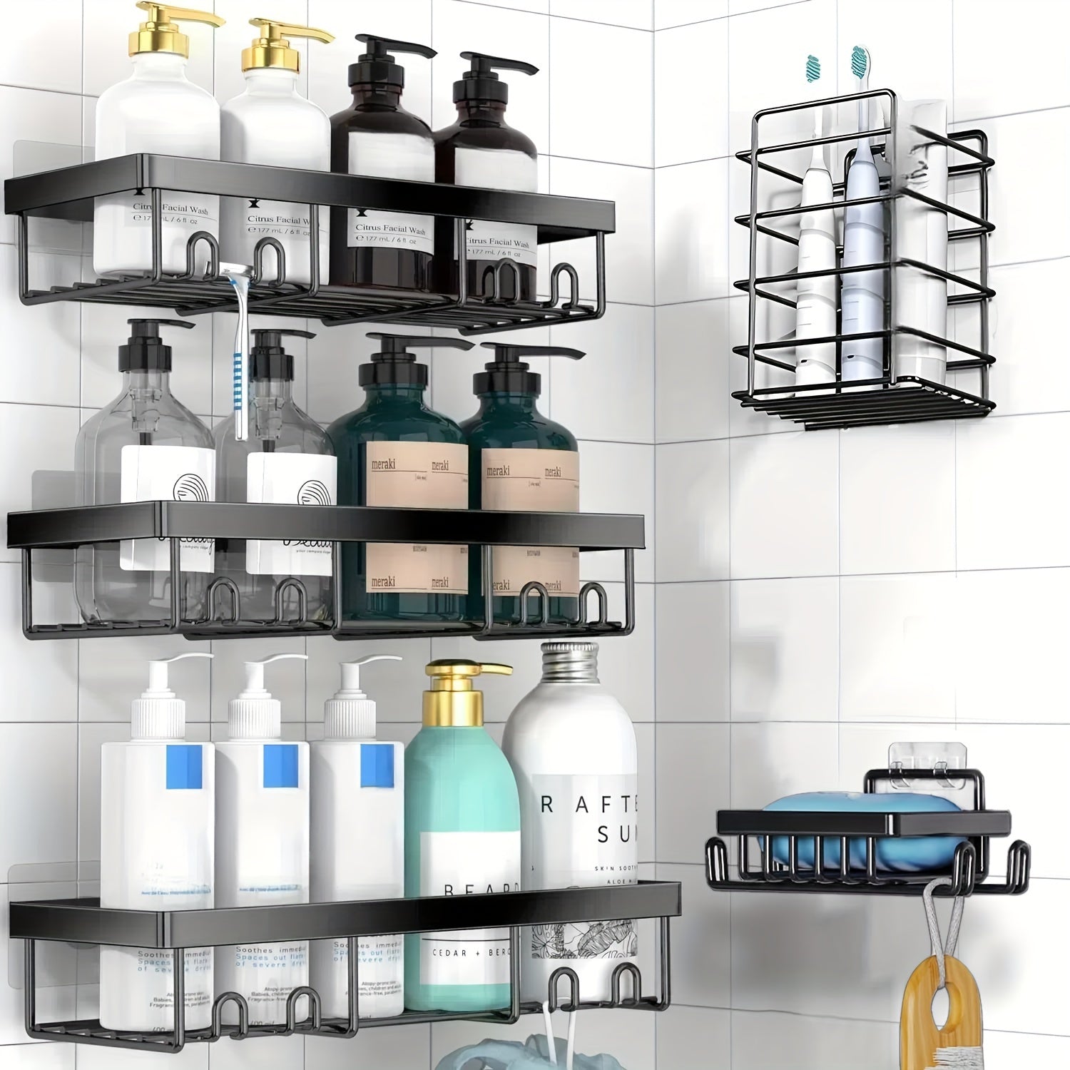 5 Pack Shower Caddy, Large Capacity Wall-Mounted Bathroom Shelf with Rustproof 304 Stainless Steel Shower Organizer Rack, No Drill Installation Suitable for Shower, Bathtub, for inside Shower Storage, Shower Caddies
