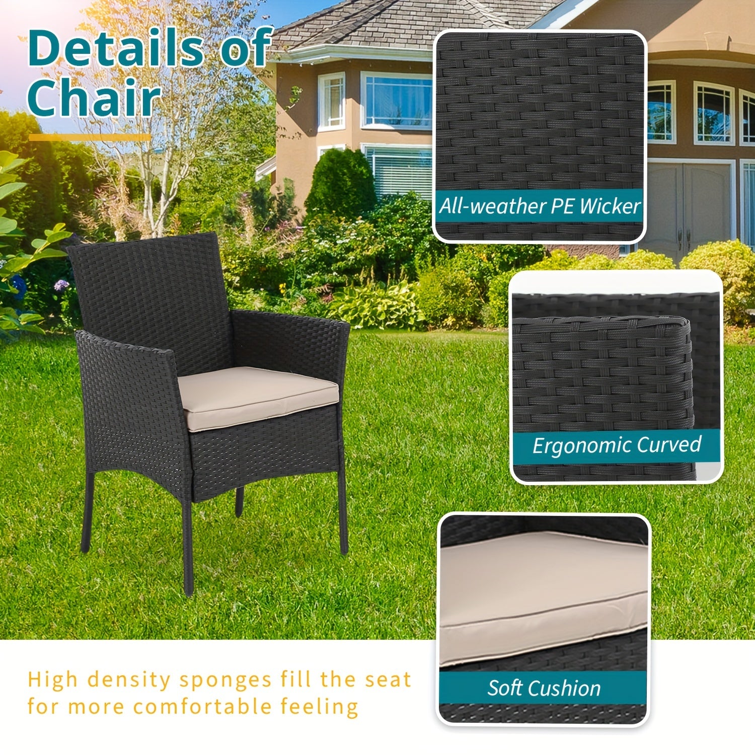3-Piece PE Rattan Wicker Patio Furniture Set with Handrail - Sturdy Steel Bracket, Comfortable Cushions, and Coffee Table for Outdoor Relaxation in Yard, Balcony, Poolside, and Garden