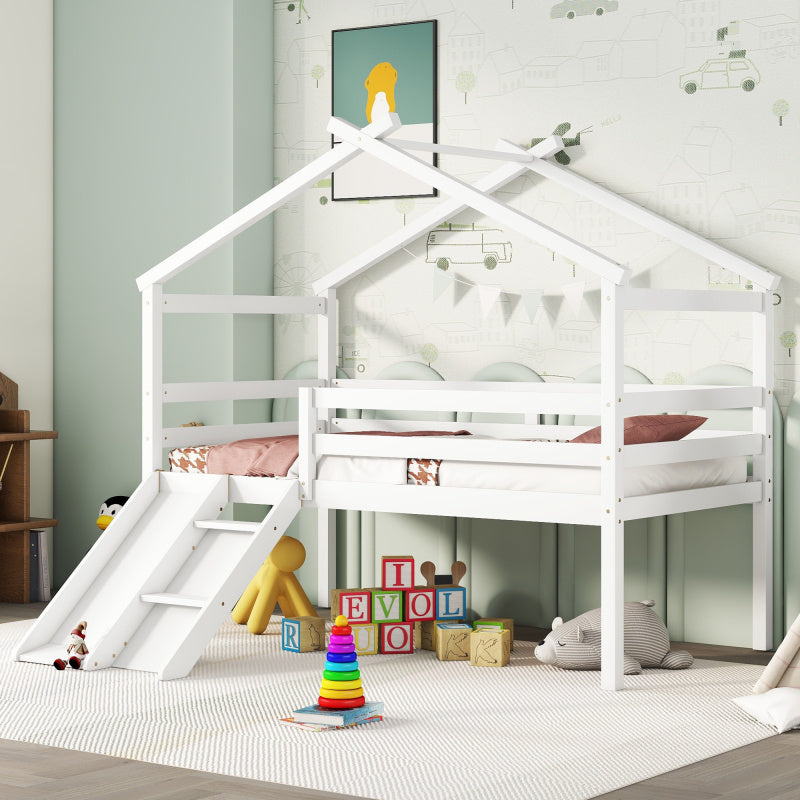 GINOST Twin Low Loft House Bed with Slide & Ladder - White Wooden Frame, Safety Guardrails, Built-in Storage Shelves, Contemporary Bedroom Furniture, Easy Assembly, No Power Needed, Bedroom Furniture, Playful Design, Sturdy C