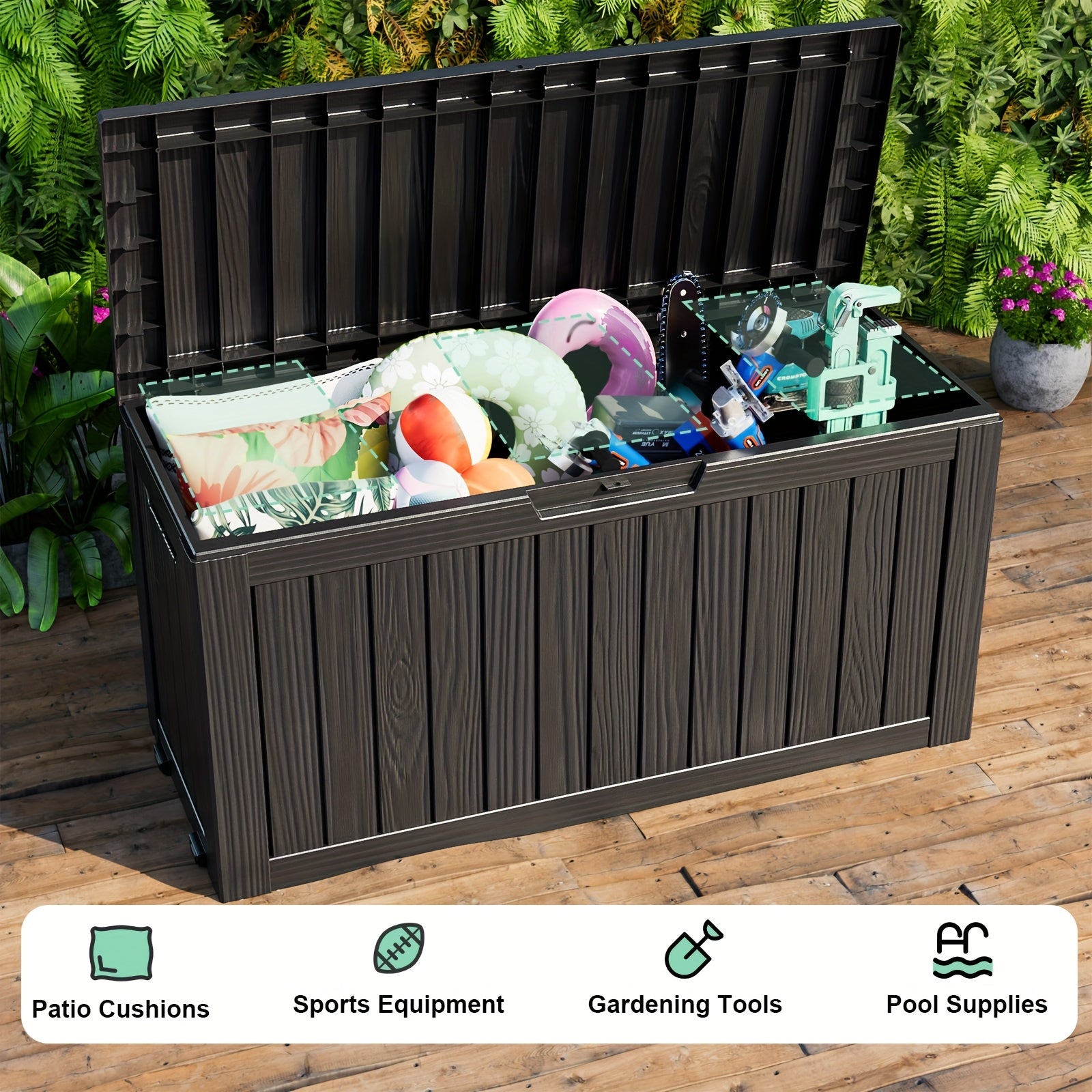 75Gallon Deck Box Outdoor Storage Box, Weatherproof And UV Resistant, Resin Package Delivery And Storage Box With Lockable Lid For Patio Furniture Cushions, Pool Accessories, Garden Tools, Valentines Decorations For Valentine