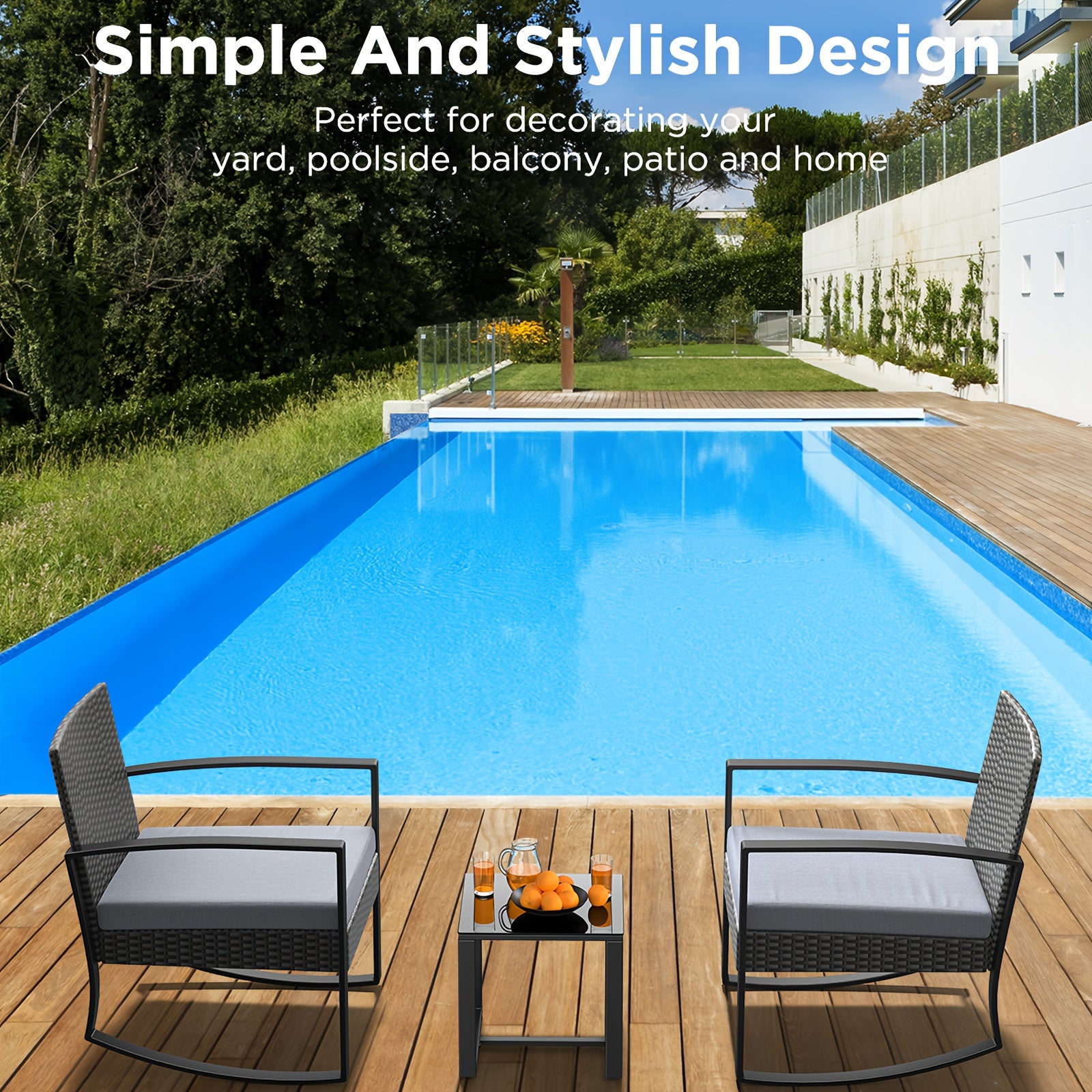 3pcs Patio Furniture Set Rocking Bistro Set Outdoor Rattan Conversation with Coffee Table for Garden Balcony Backyard Poolside (Grey Cushion), Patio Set, Outdoor Patio Furniture, Patio Table And Chair Set, Outdoor Furniture,
