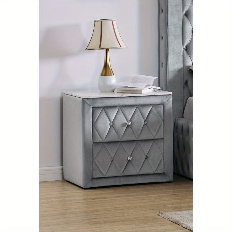 1pc Faux Marble Top Nightstand 2 Drawers Storage Gray Finish Button Tufted Faux Crystal TuftedSuitable for bedroom furniture